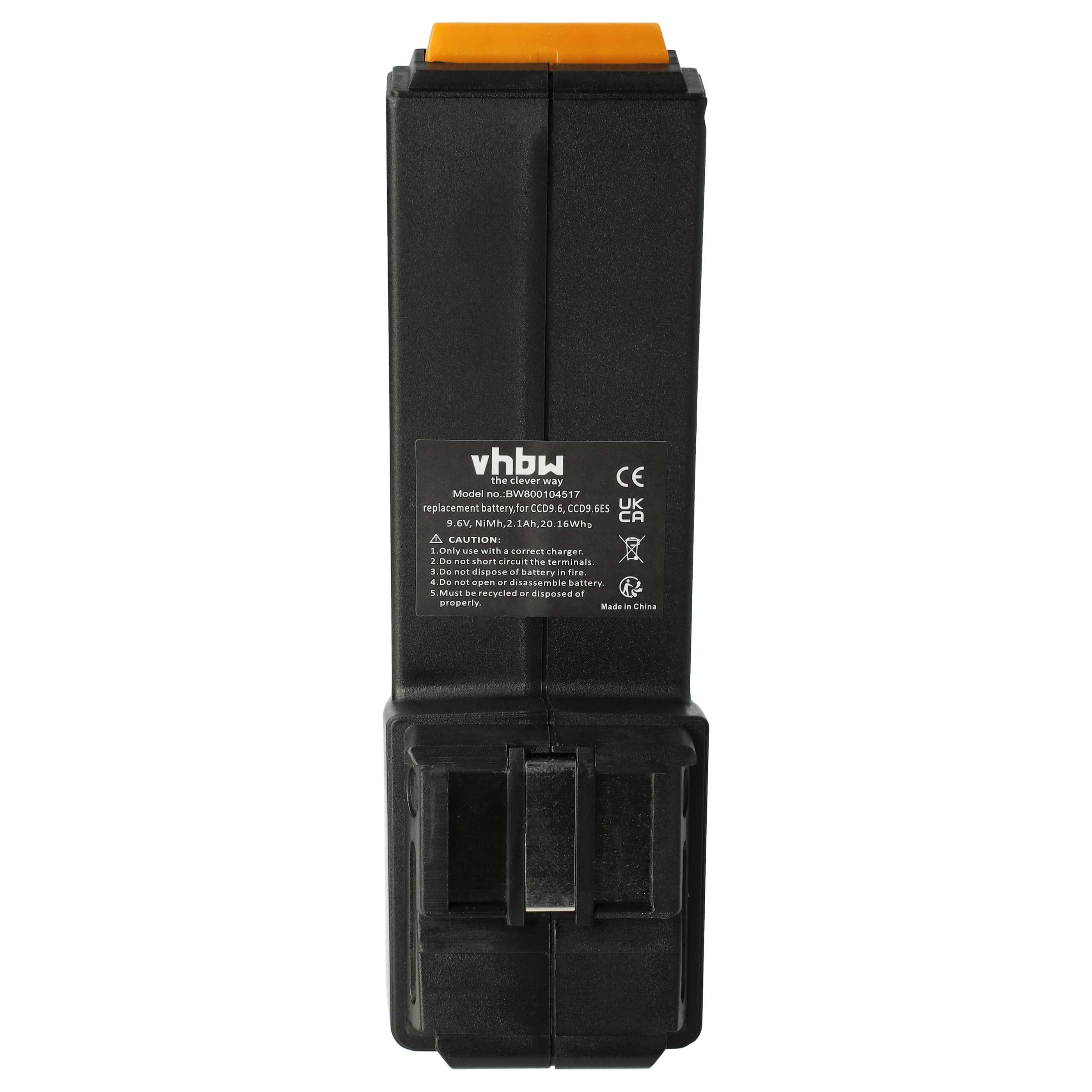 Ein schwarzer Akku mit orangefarbener Oberseite. Auf dem Akku stehen die Marke vhbw, die Modellnummer und Warnhinweise.