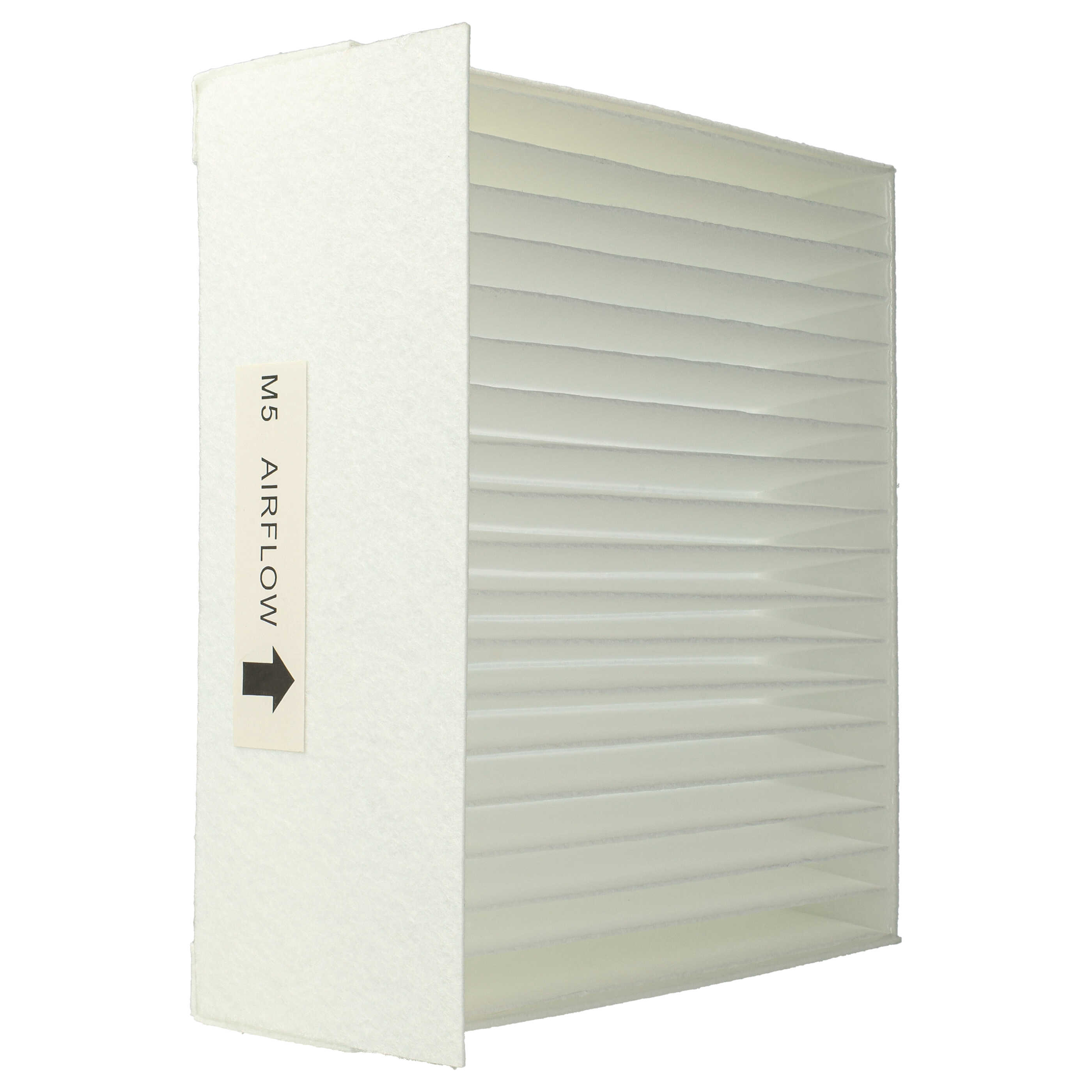 Ein Luftfilter mit Falten. Er hat einen weißen Rahmen und ein Etikett mit "M5 AIRFLOW" und einem Pfeil.