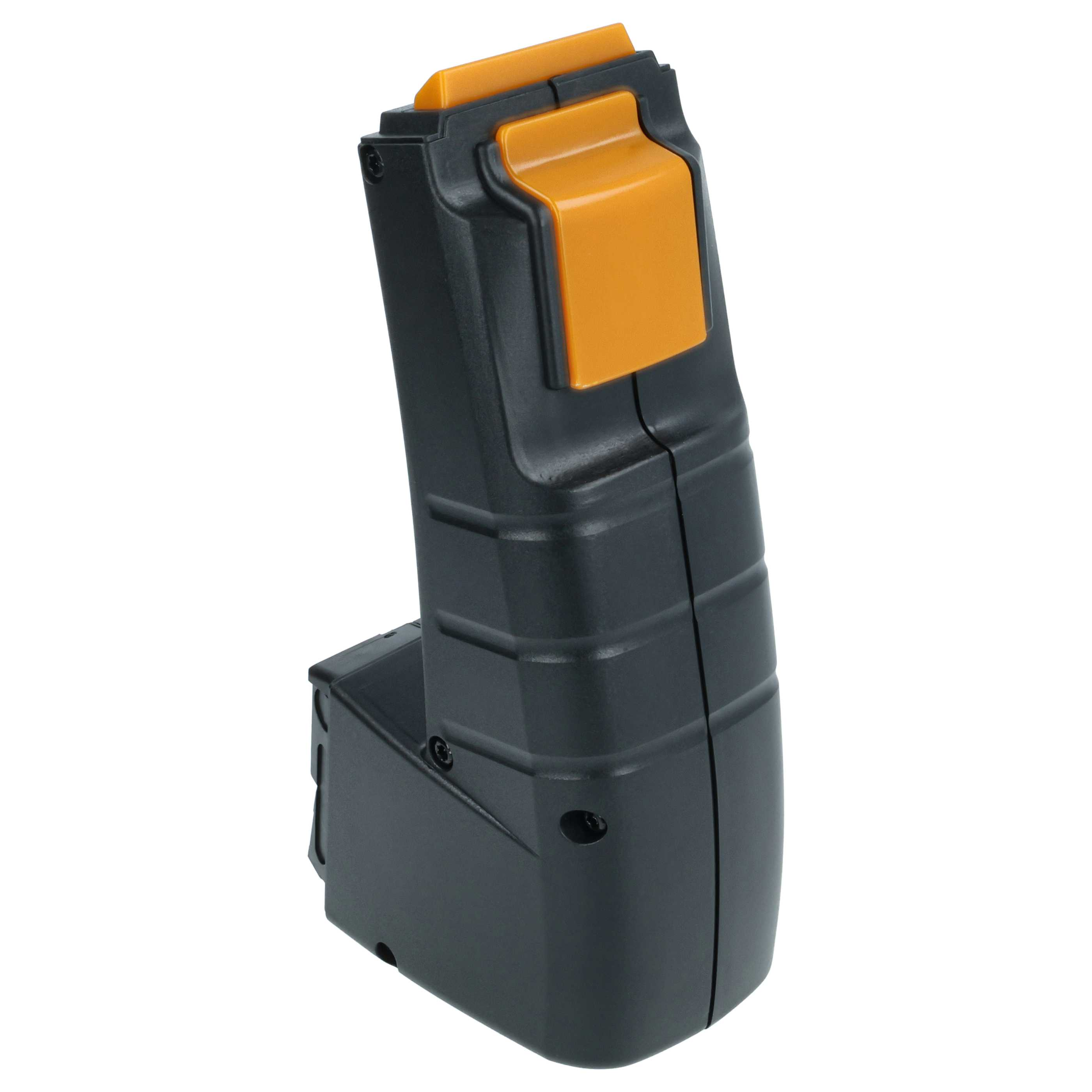 Ein schwarzes Akkupack mit orangefarbener Oberseite. Das Pack ist rechteckig, mit geriffelten Seiten und die Oberseite ist abgewinkelt.