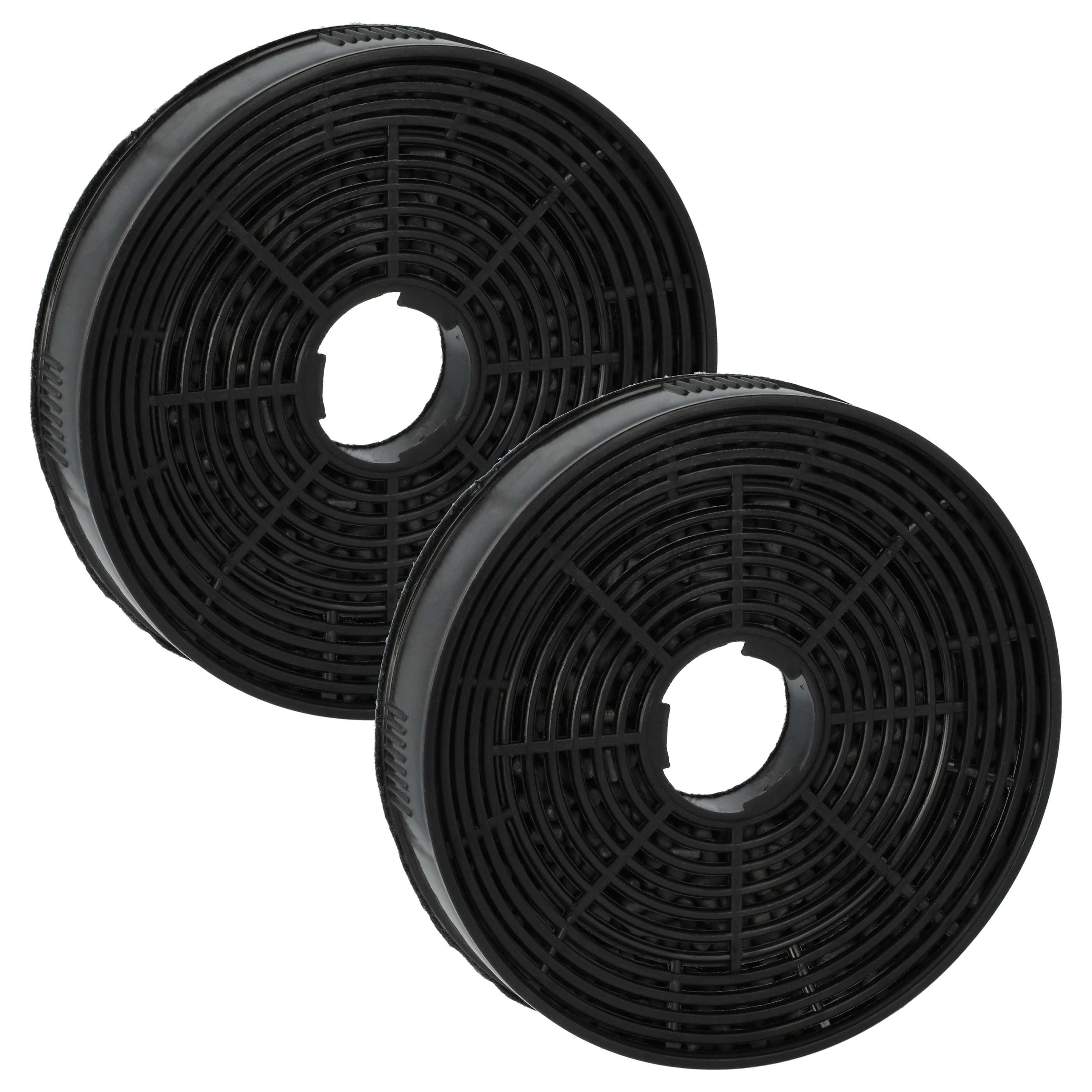 Zwei runde, schwarze Aktivkohlefilter mit einem zentralen Loch. Die Filter haben eine gitterartige Struktur.