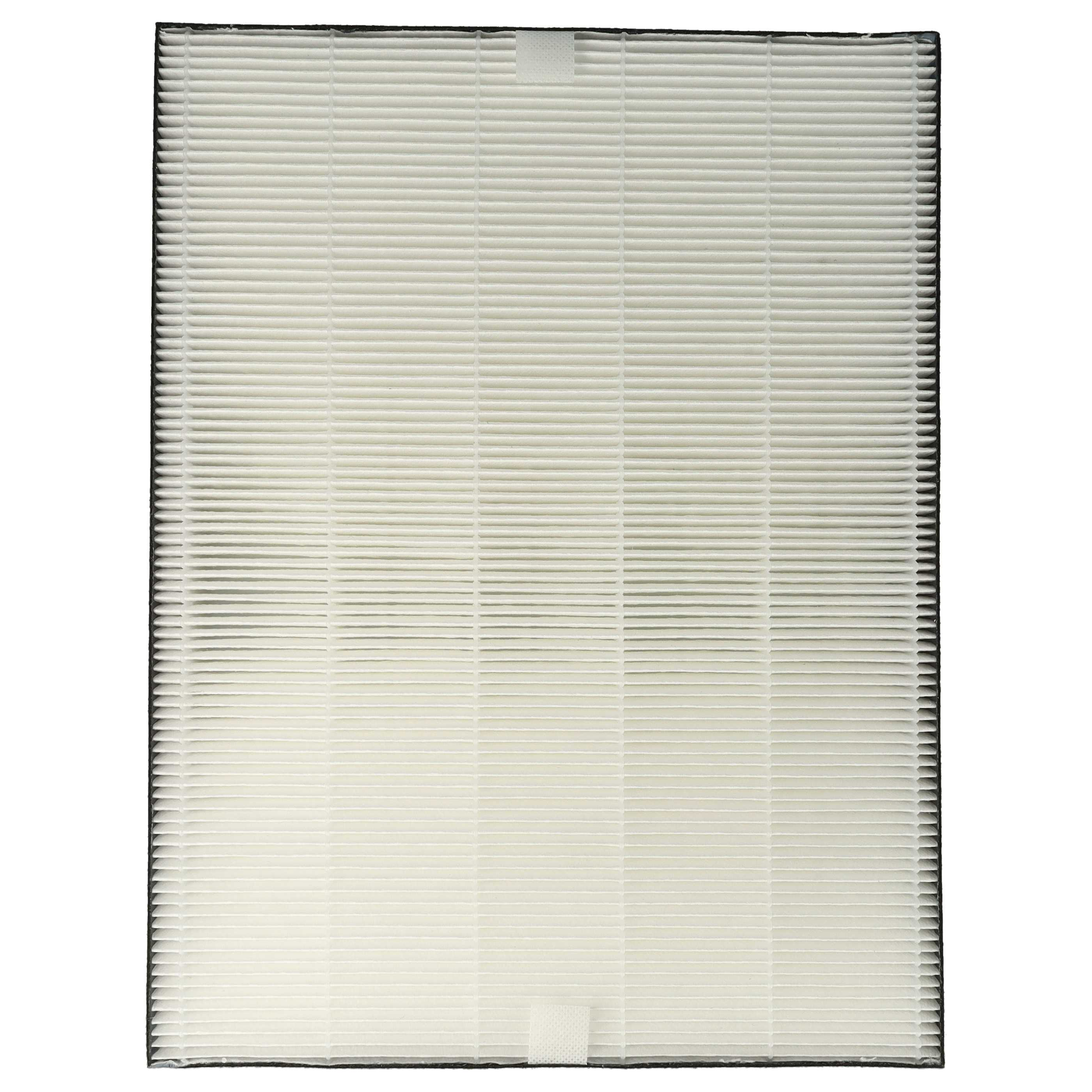 Rechteckiger Luftfilter mit weißem, plissiertem Papier und schwarzem Rahmen. Er hat ein weißes Quadrat in der Mitte.