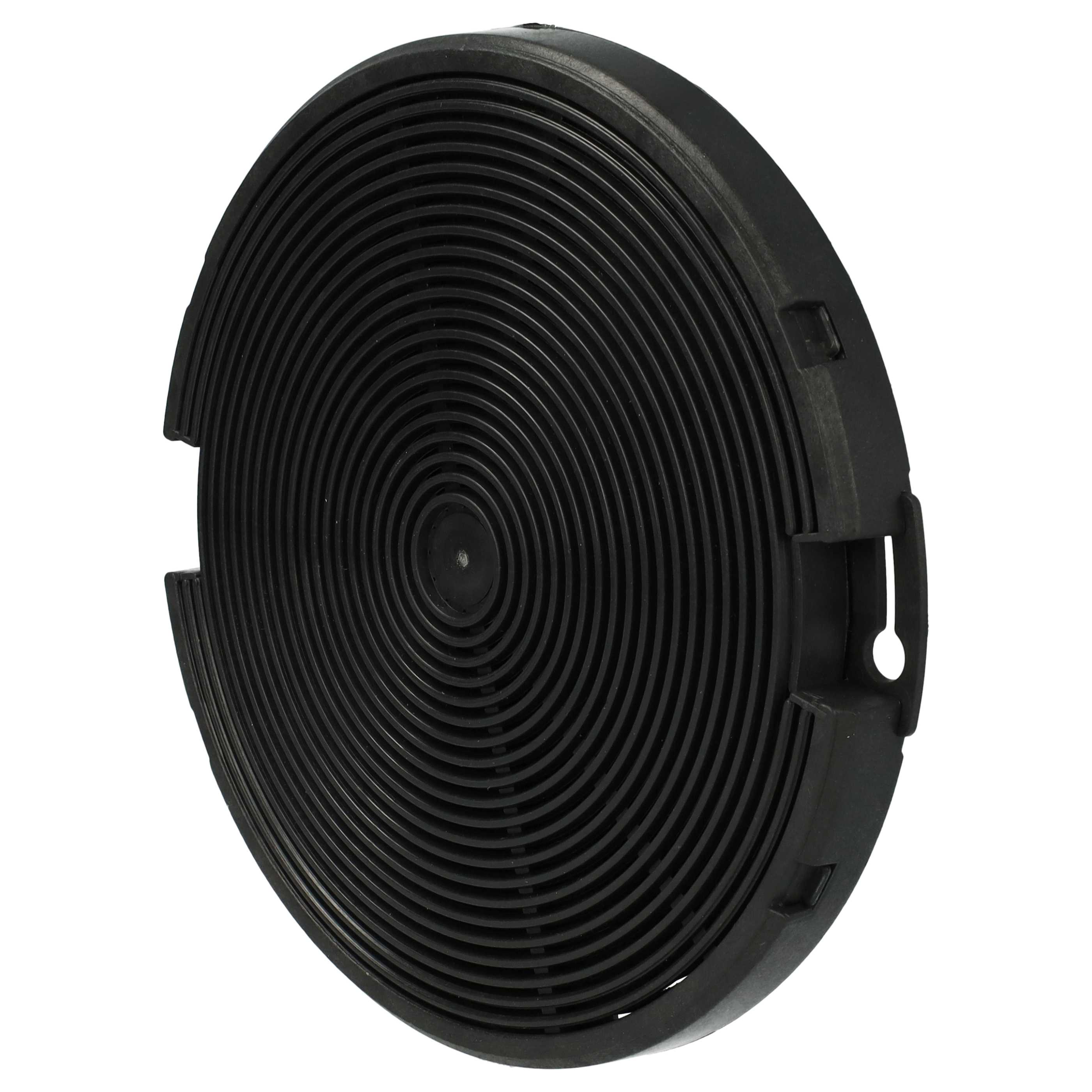 Ein kreisförmiger schwarzer Aktivkohlefilter mit konzentrischen Ringen. Er hat eine gebogene Form und eine Halterungslasche.