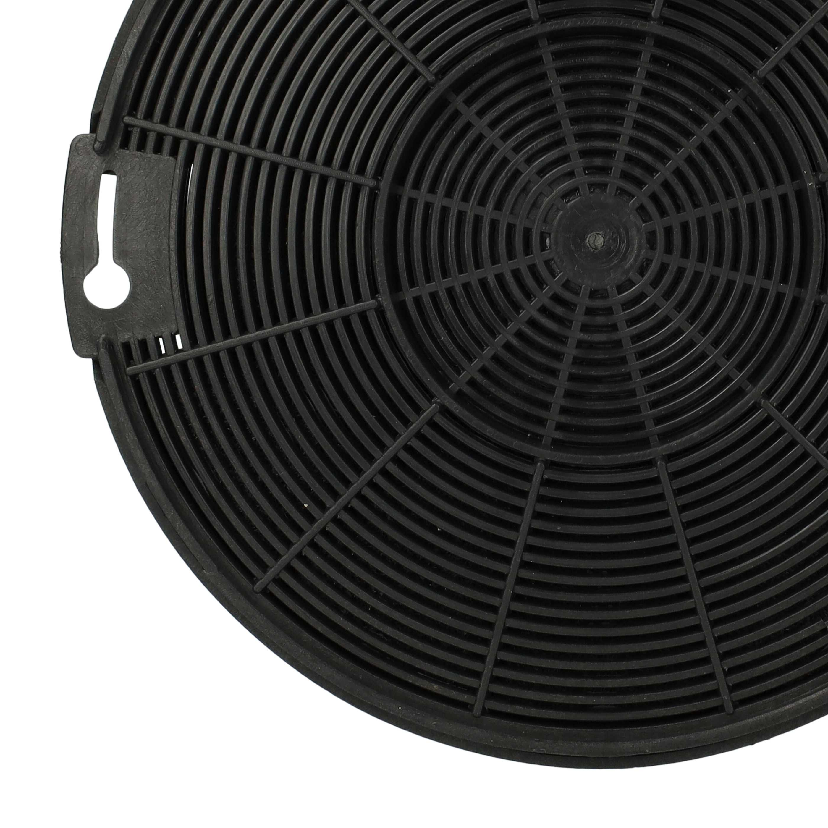 Nahaufnahme eines schwarzen Aktivkohlefilters. Kreisförmiges Design mit konzentrischen Bögen und einer Lasche.