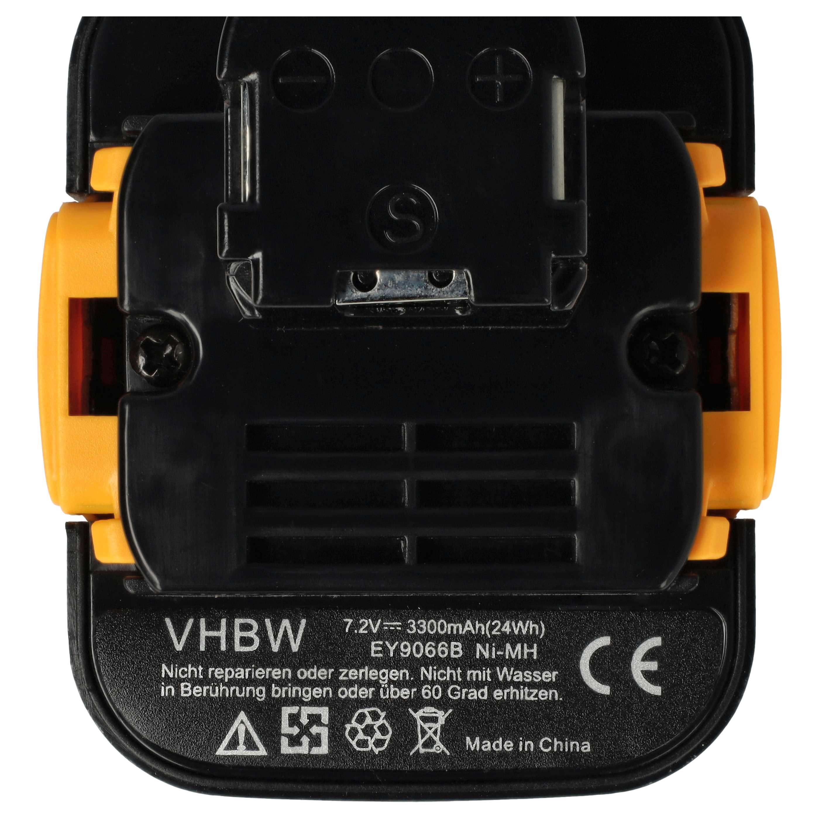 Nahaufnahme eines schwarz-gelben Akkupacks. Es hat Markierungen und Symbole. Der Text lautet VHBW, 7,2 V und Made in China.