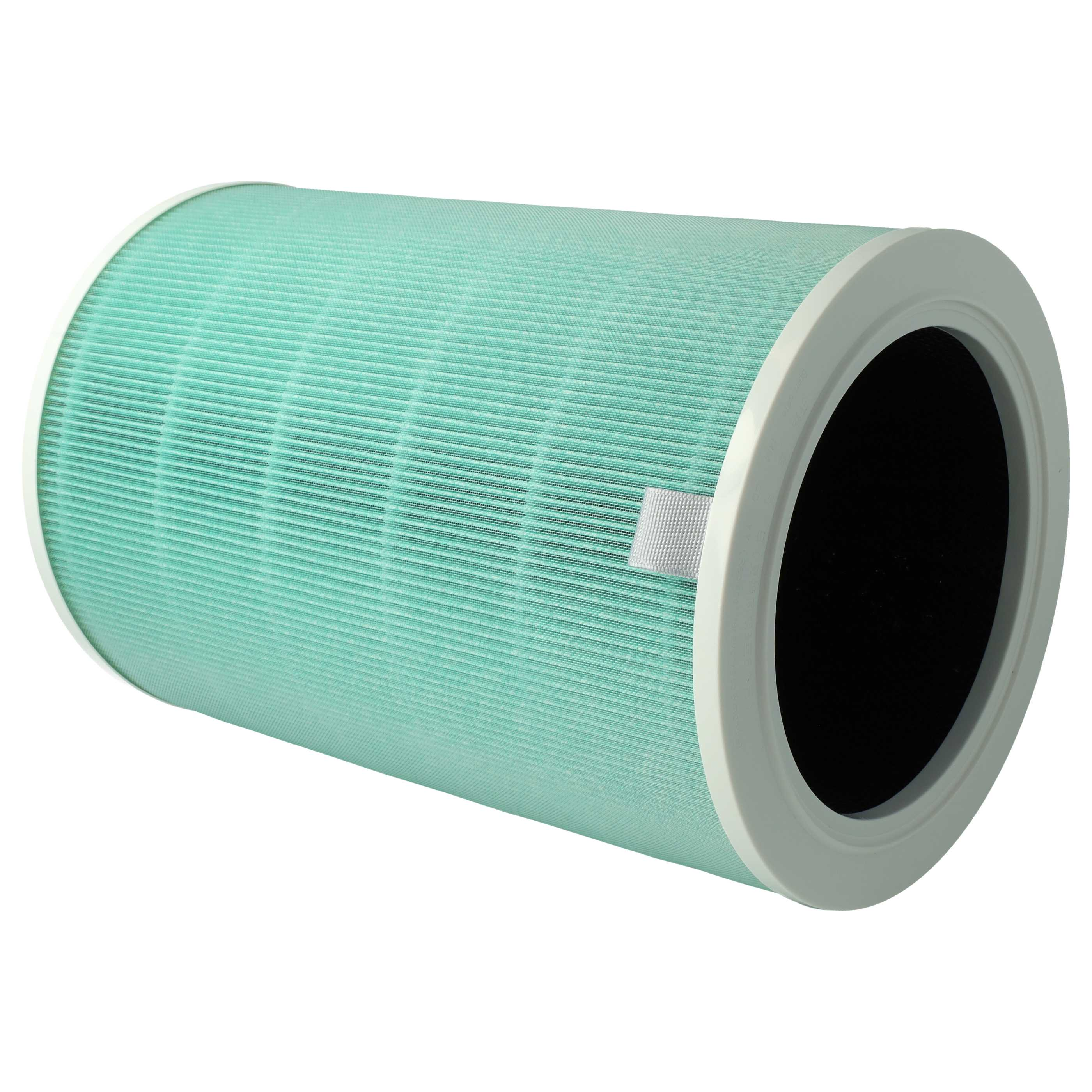 Zylindrischer Luftfilter mit hellblauem, plissiertem Filter und weißen Kunststoff-Endkappen.