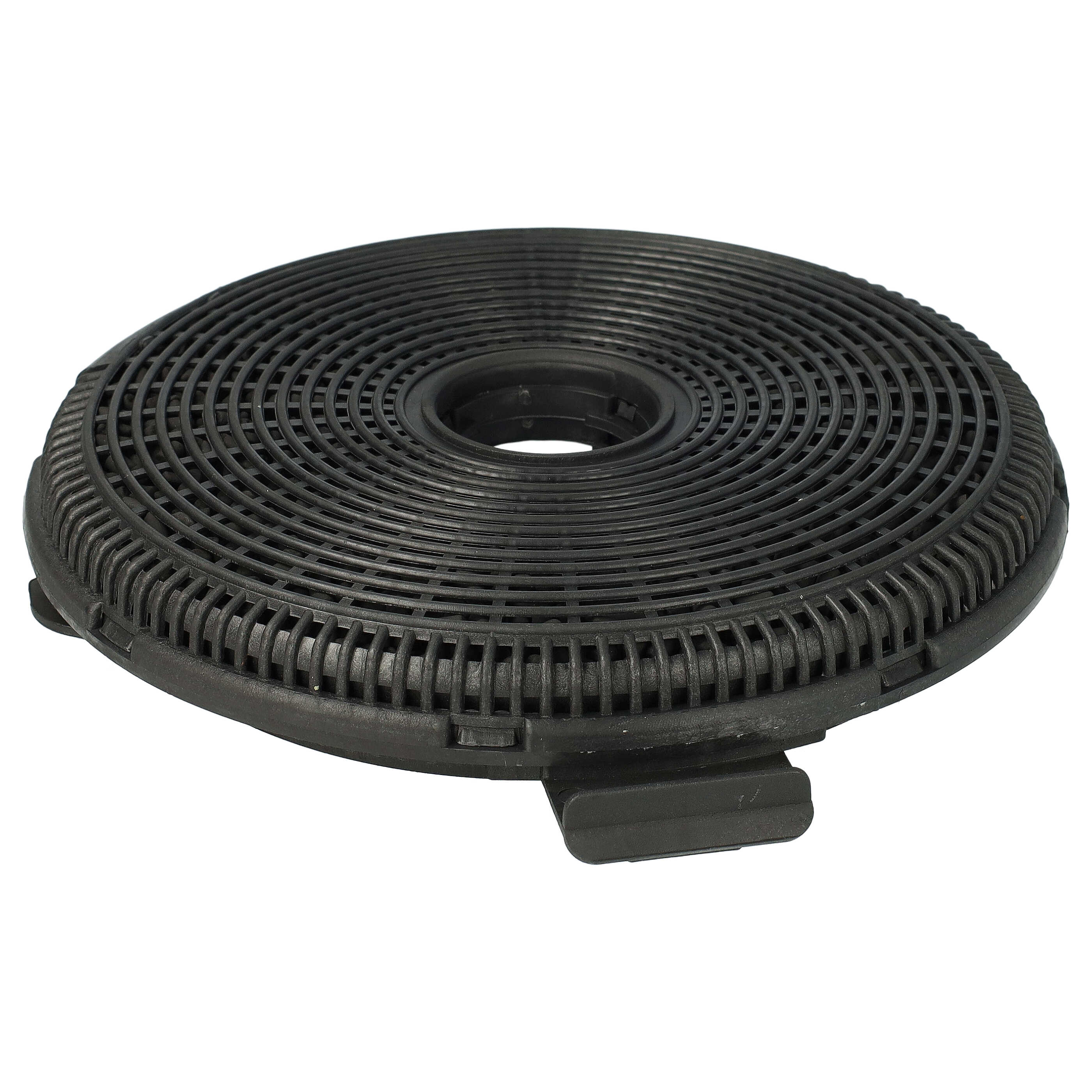 Ein schwarzer, kreisförmiger Aktivkohlefilter für eine Dunstabzugshaube. Es hat ein Mesh-Design mit einem zentralen Loch und einer Seitenlasche.