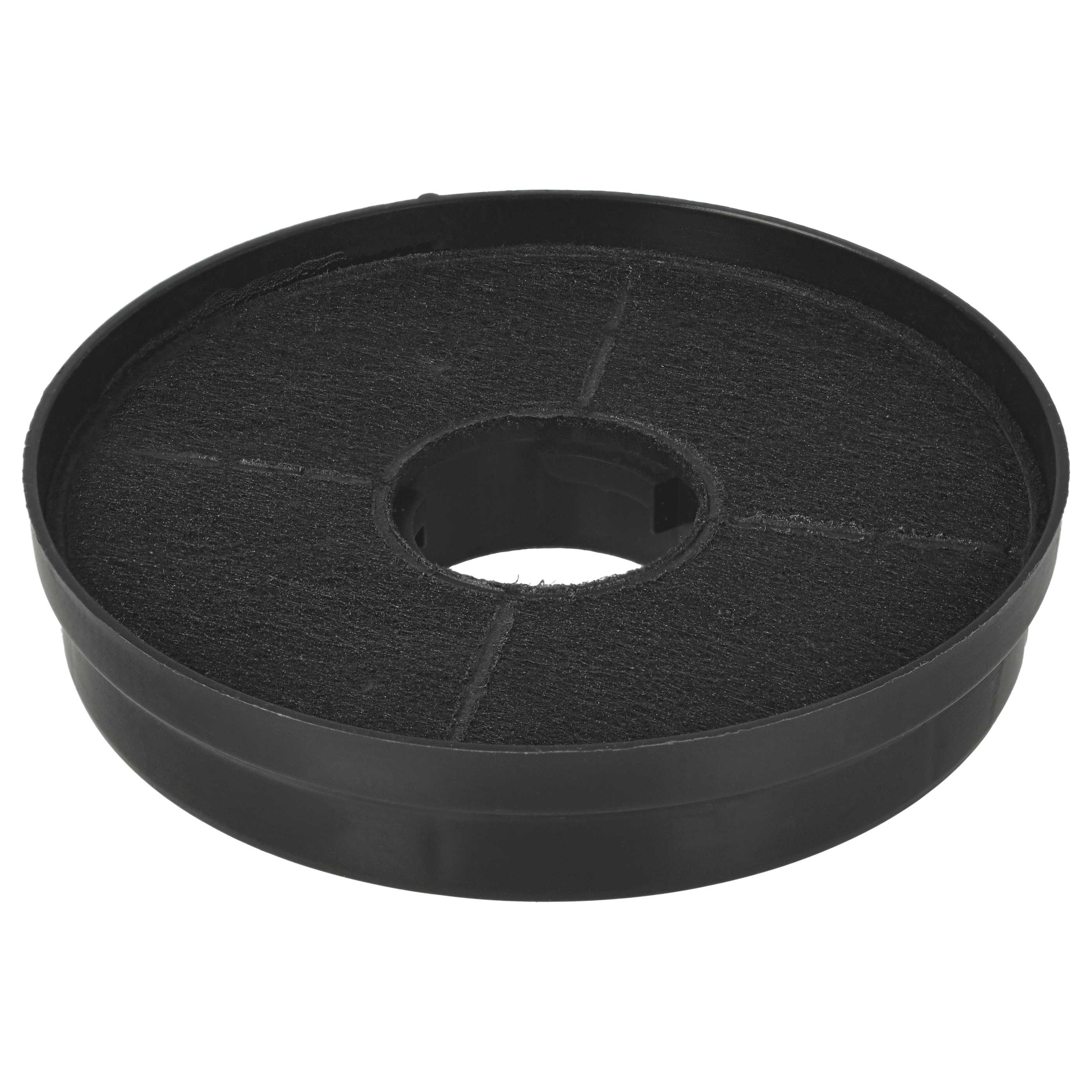 Ein schwarzer, kreisförmiger Kohlefilter mit einem zentralen Loch. Der Filter besteht aus einem dunklen, porösen Material.