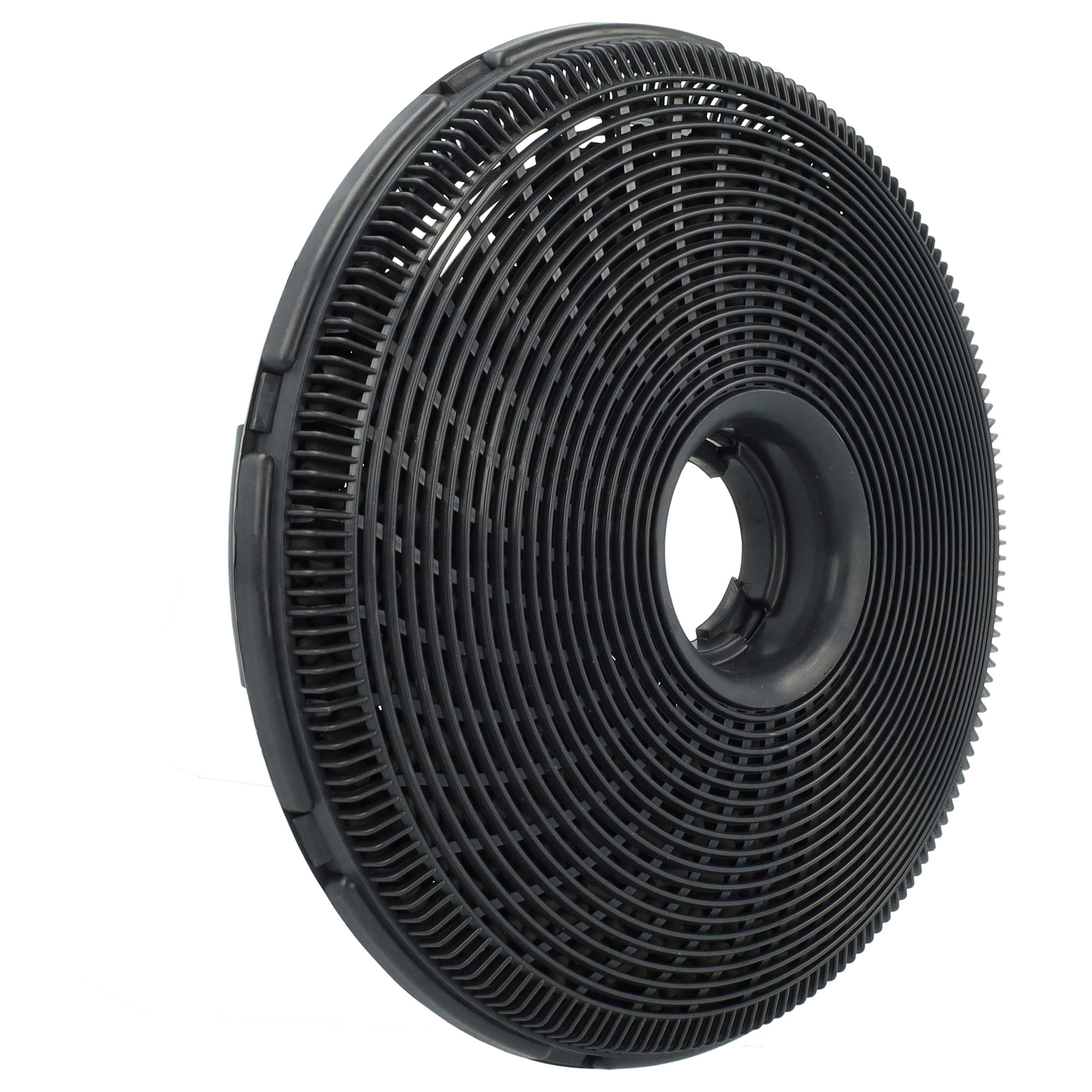 Ein schwarzer, kreisförmiger Kohlefilter mit einem zentralen Loch. Es hat ein gerilltes Design mit vielen gebogenen, parallelen Linien.
