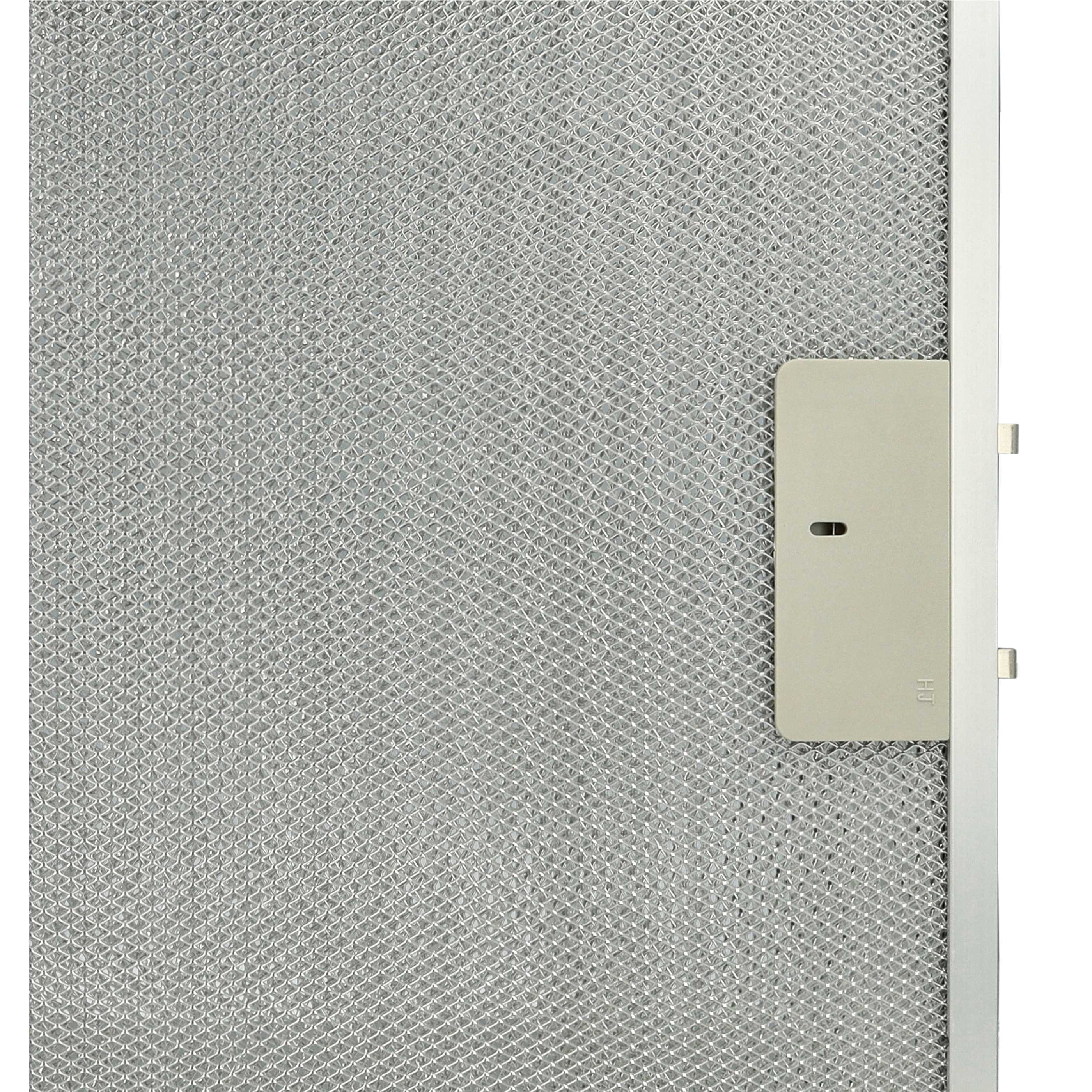 Nahaufnahme eines Metallgitterfilters mit rechteckigem, hellfarbigem Paneel und weißem Rahmen.