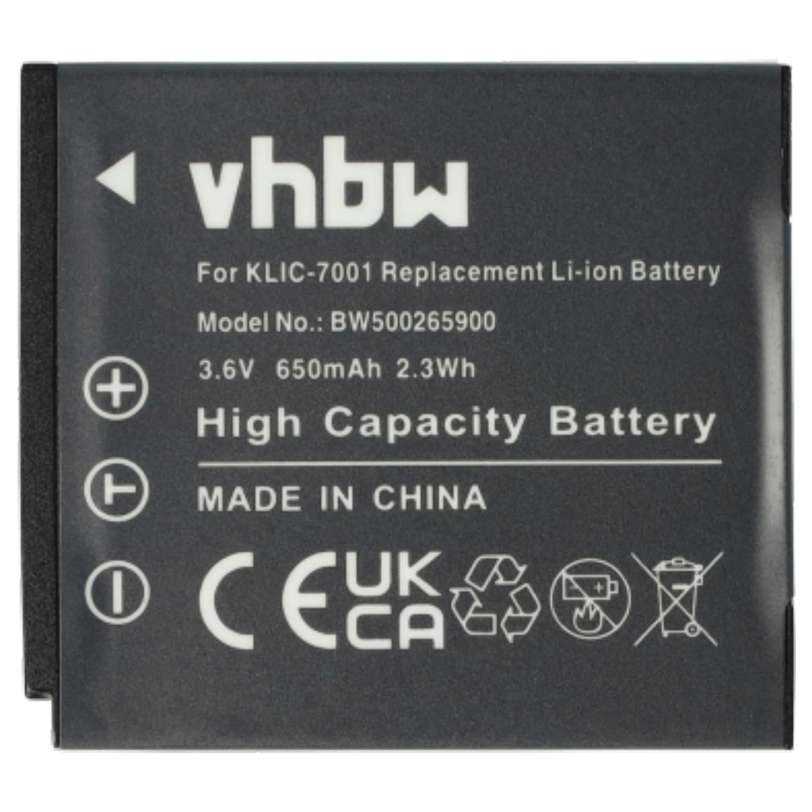Ein schwarzer Akku mit weißem Text. Es steht vhbw, Für KLIC-7001, 3,6 V, 650 mAh, Hochleistungsakku und Made in China.