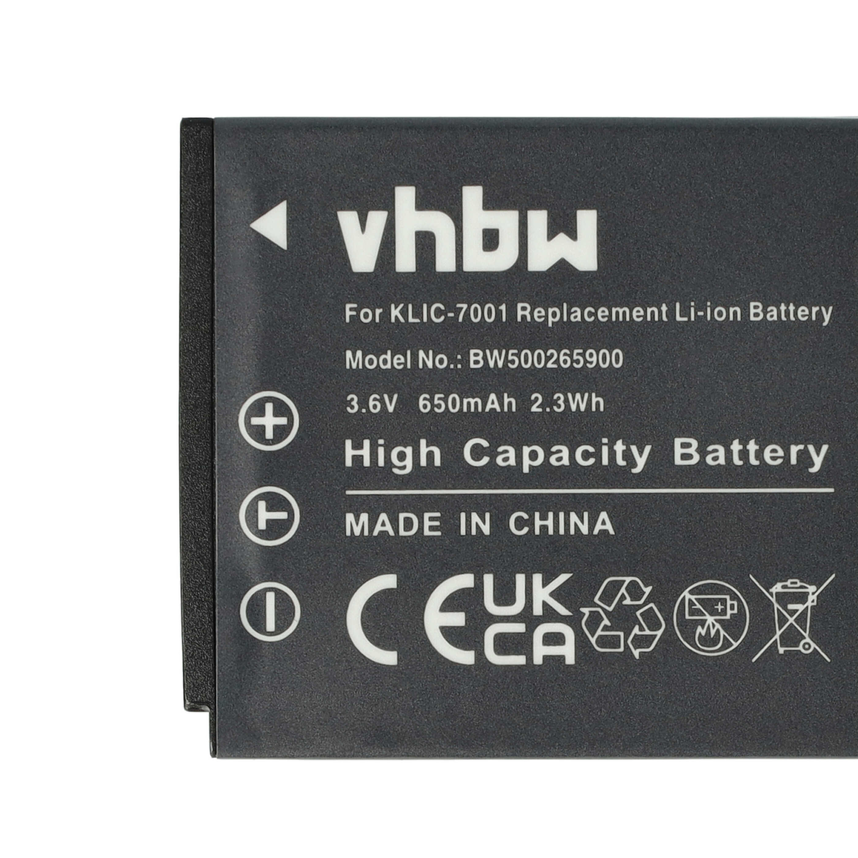 Schwarzer Akku mit weißem Text. Liest sich 'vhbw', '3.6V 650mAh 2.3Wh' und 'Made in China'. Hat Symbole.