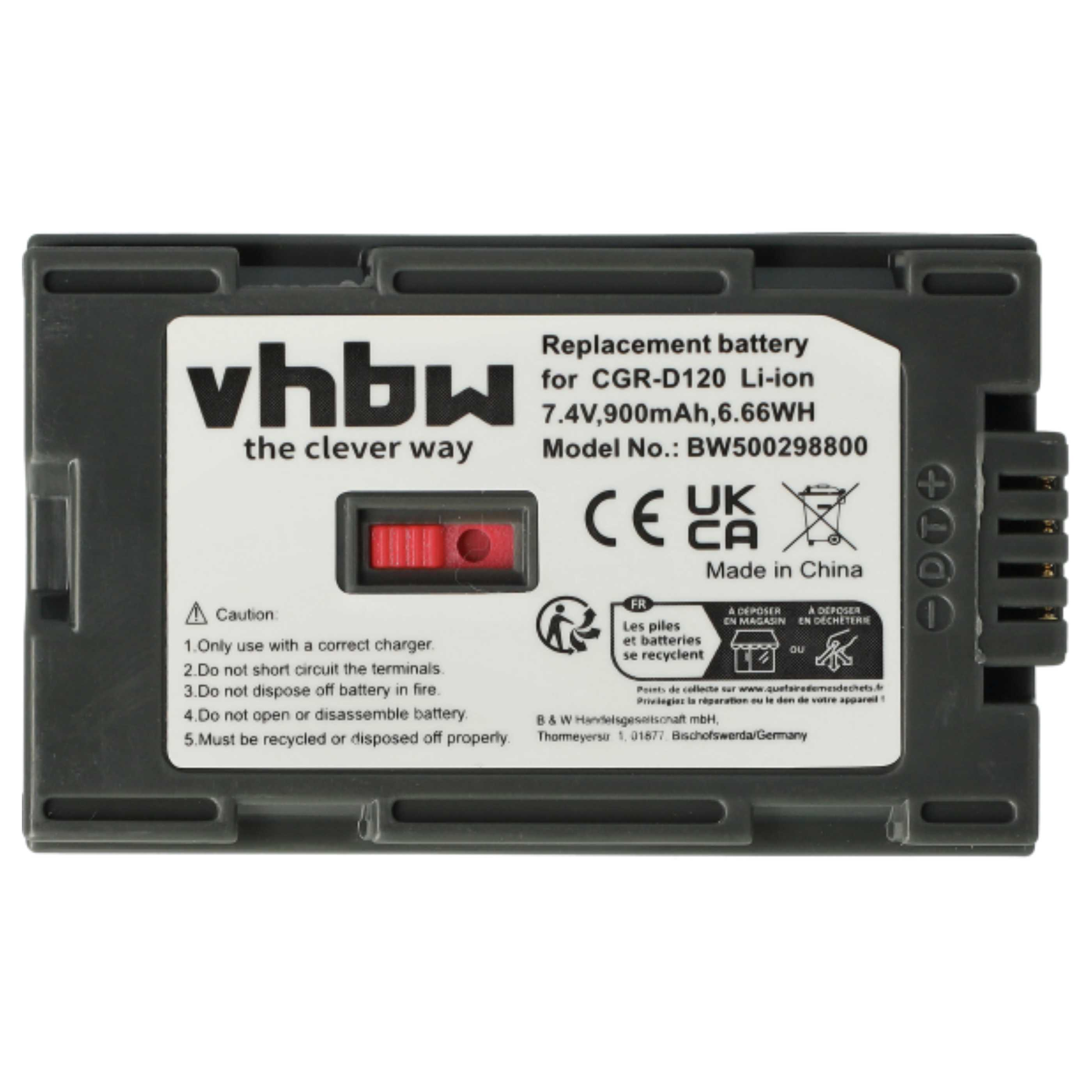 Akku mit Text und Symbolen. Es steht vhbw, Ersatzakku und Made in China. Es hat einen roten Schalter.