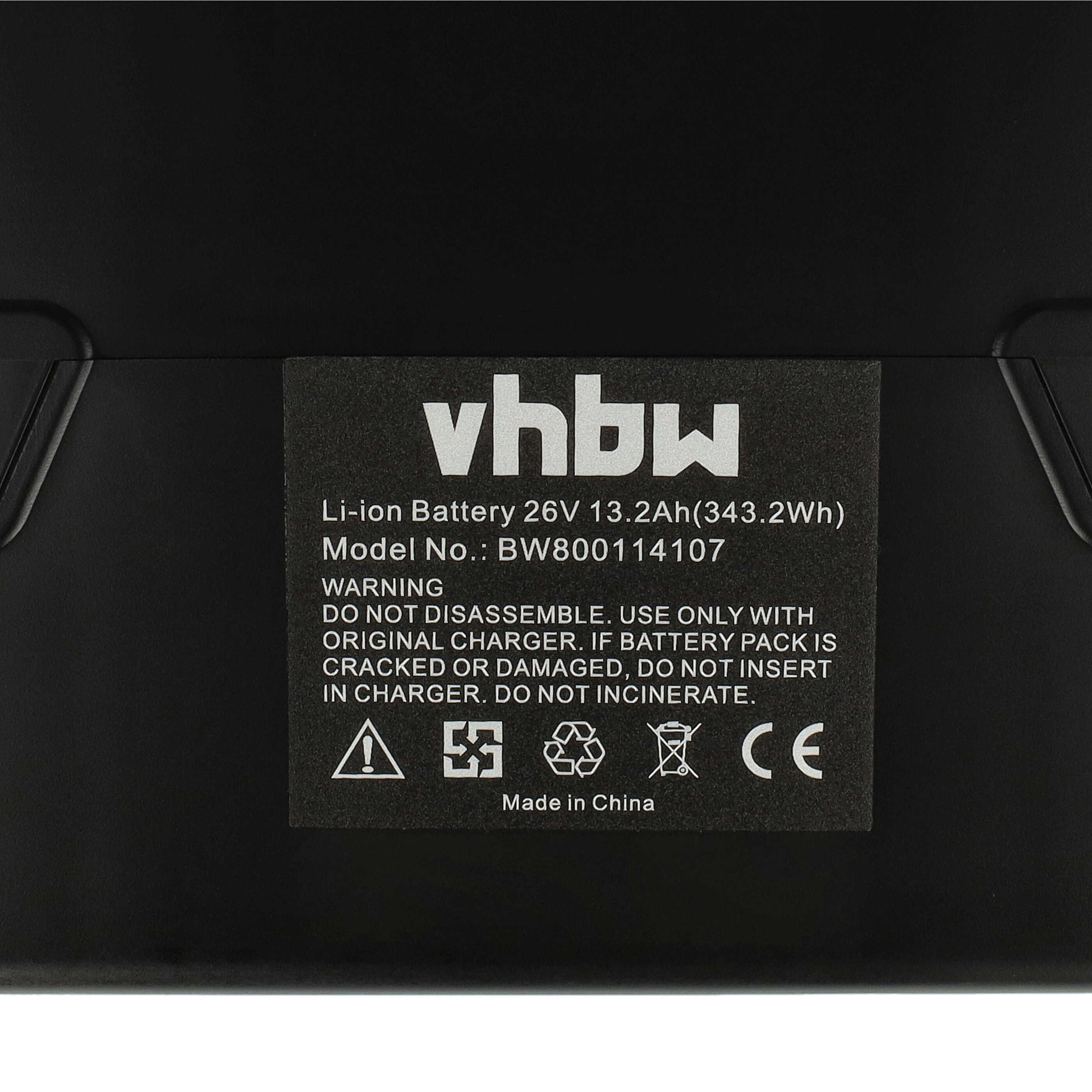Schwarzes Batterieetikett mit weißem Text. Liest sich 'vhbw Li-Ion Akku 26V'. Warnsymbole sind vorhanden.