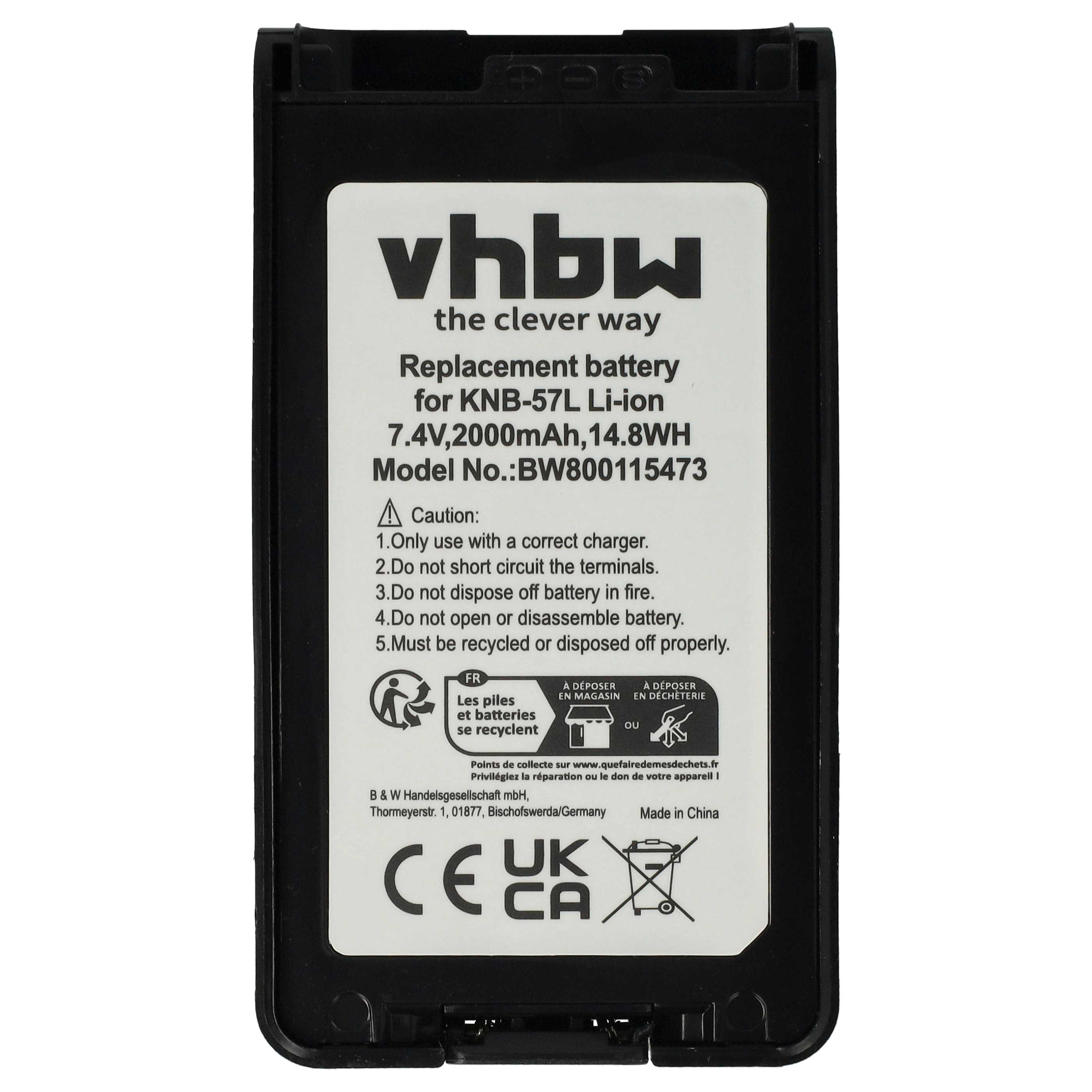 Ein schwarzer Akku mit weißem Etikett. Text enthält 'vhbw', 'Ersatzbatterie' und Sicherheitshinweise. Recycling-Symbole sind vorhanden.