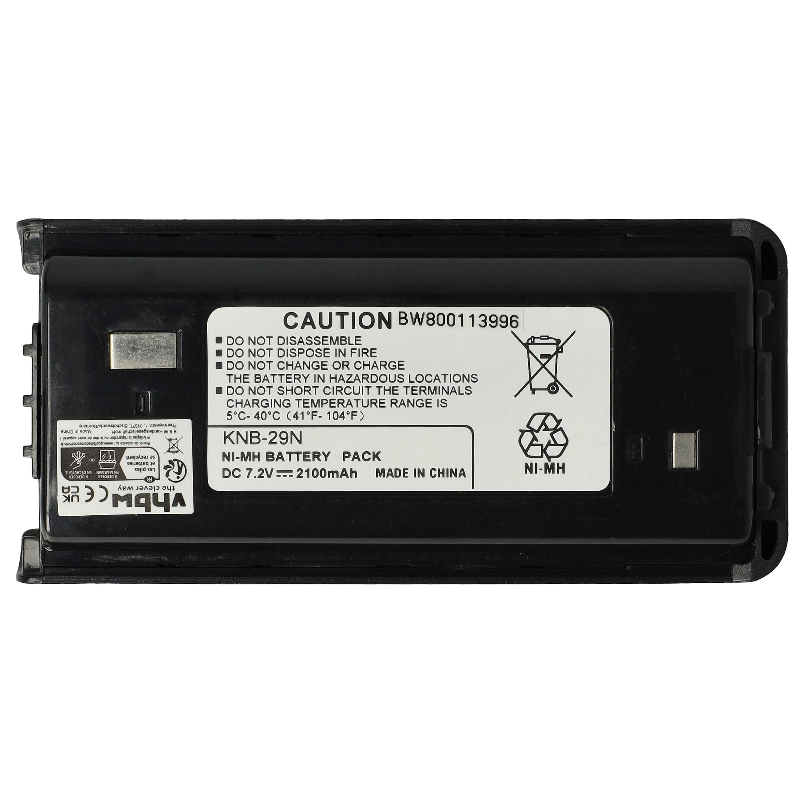 Schwarzer rechteckiger Akku mit Warnhinweisen und Text, darunter 'KNB-29N' und 'NI-MH Battery Pack'.