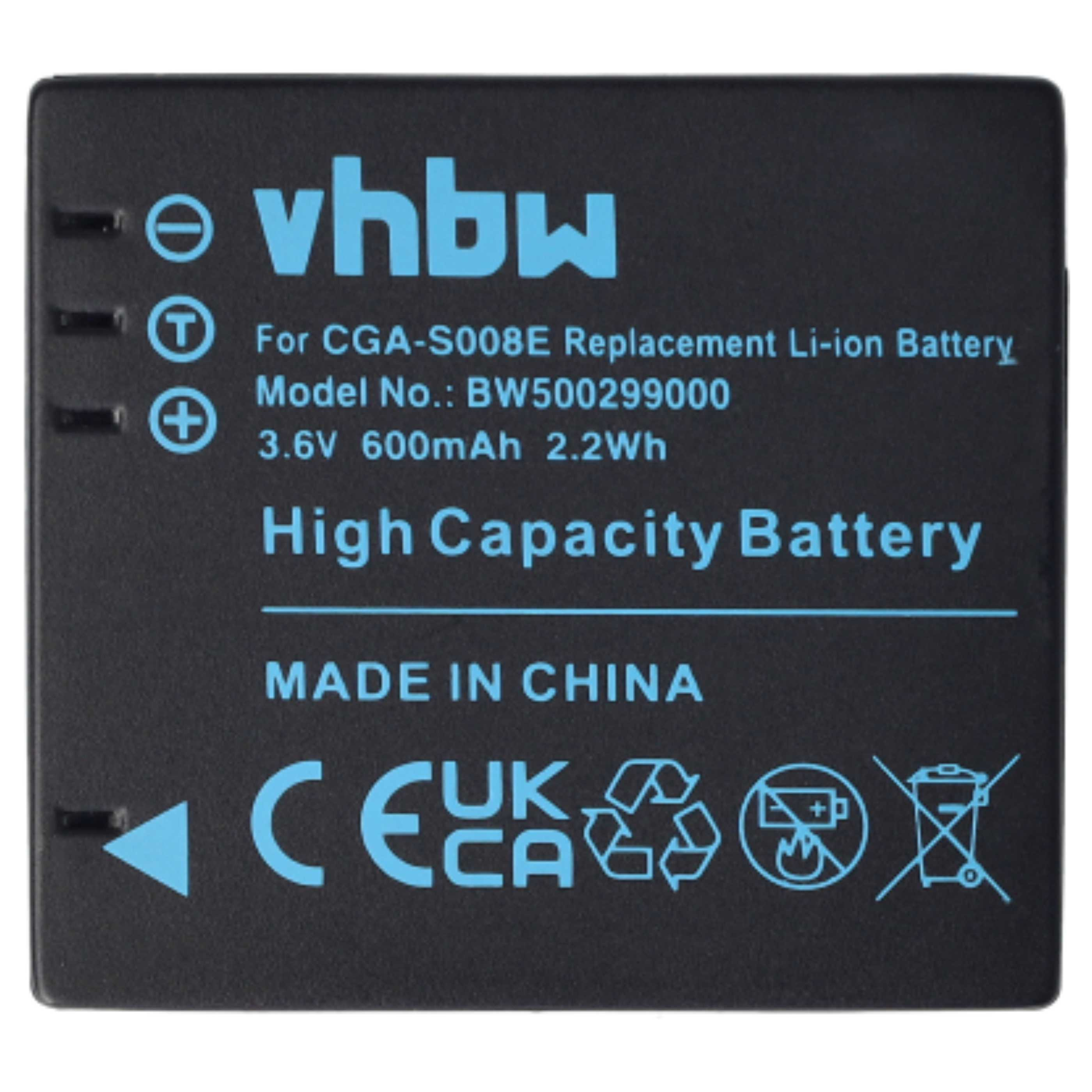 Schwarzer Akku mit blauem Text. Er zeigt vhbw, Akku-Details, High Capacity Battery, Made in China und verschiedene Symbole.