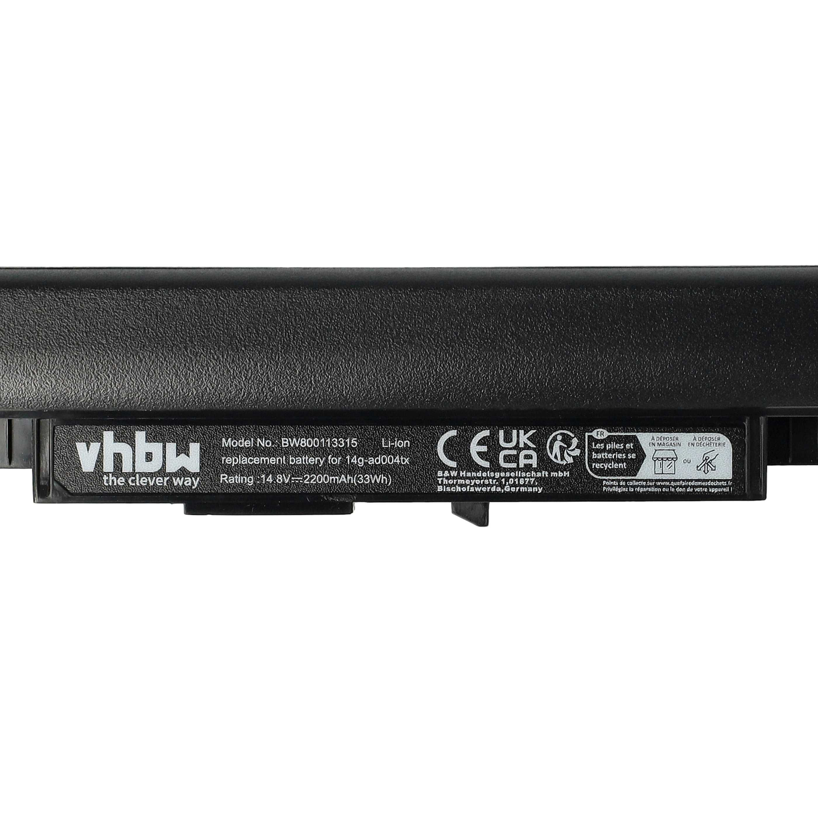 Ein schwarzer Laptop-Akku mit weißem Text, einschließlich der Marke 'vhbw' und technischen Daten, vor weißem Hintergrund.
