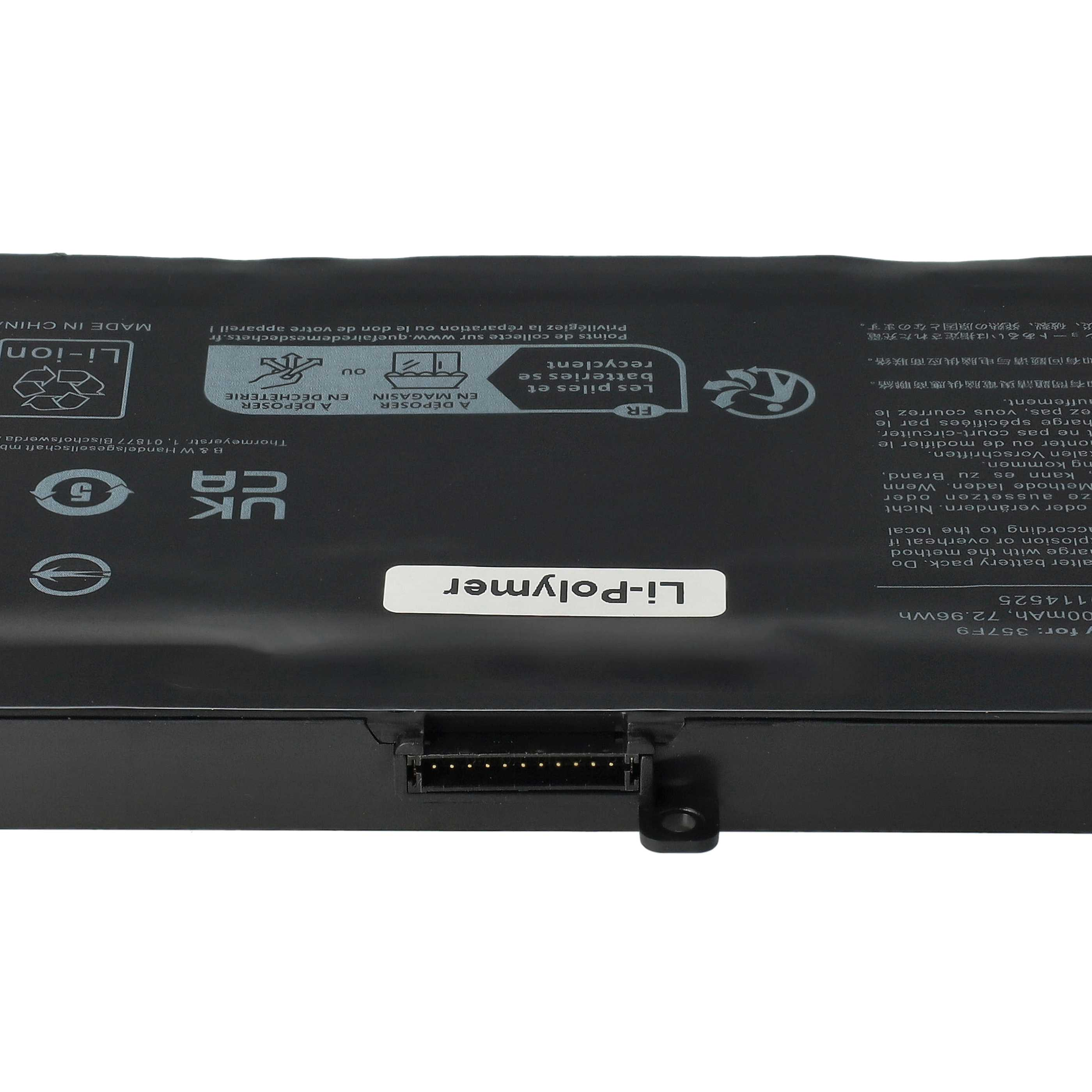 Schwarzer Laptop-Akku mit Text, Warnungen und Recycling-Symbolen. Er hat einen Anschluss und ein Li-Polymer-Etikett.