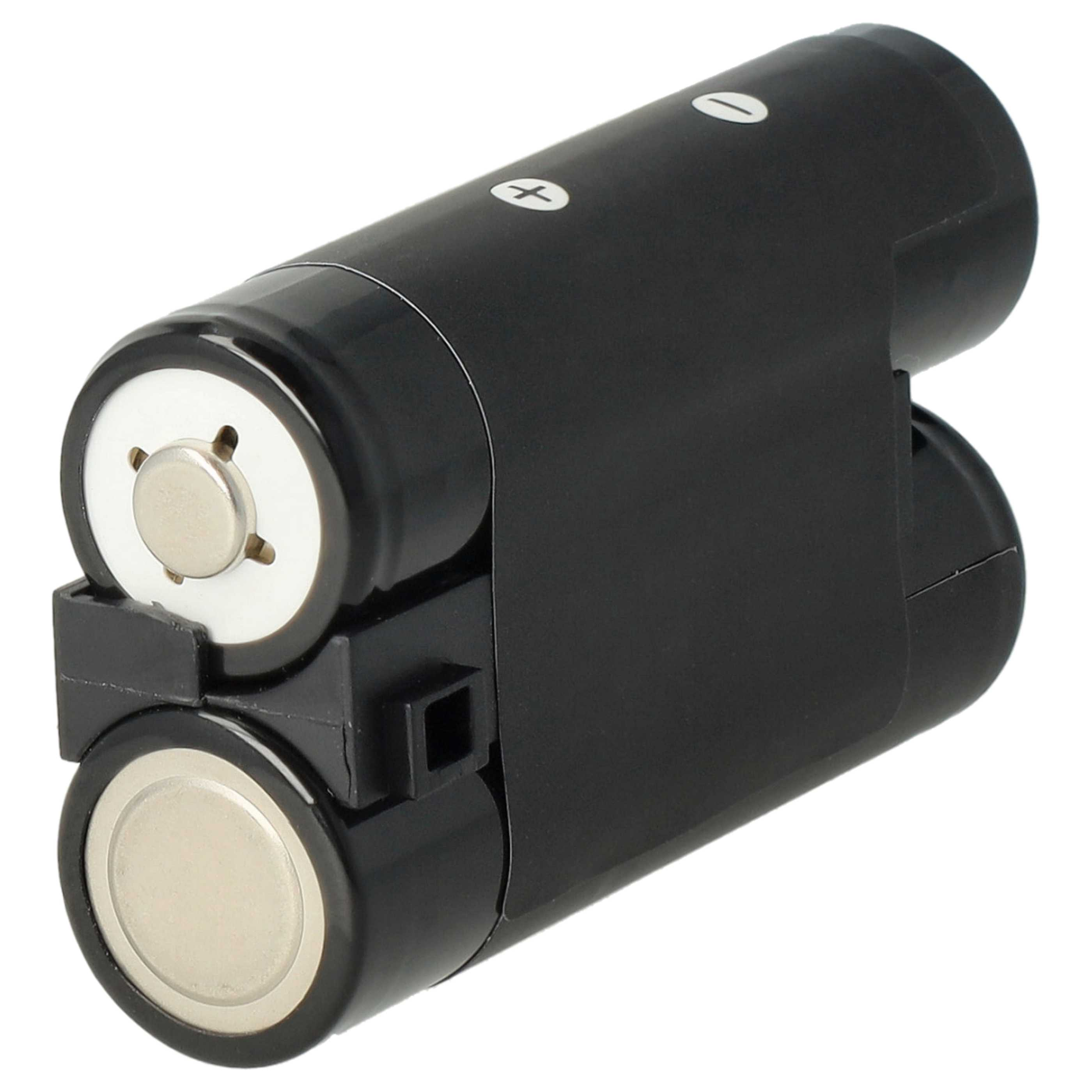 Schwarzer Batteriehalter mit zwei zylindrischen Batteriefächern. Weiße Plus- und Minuszeichen sind sichtbar.
