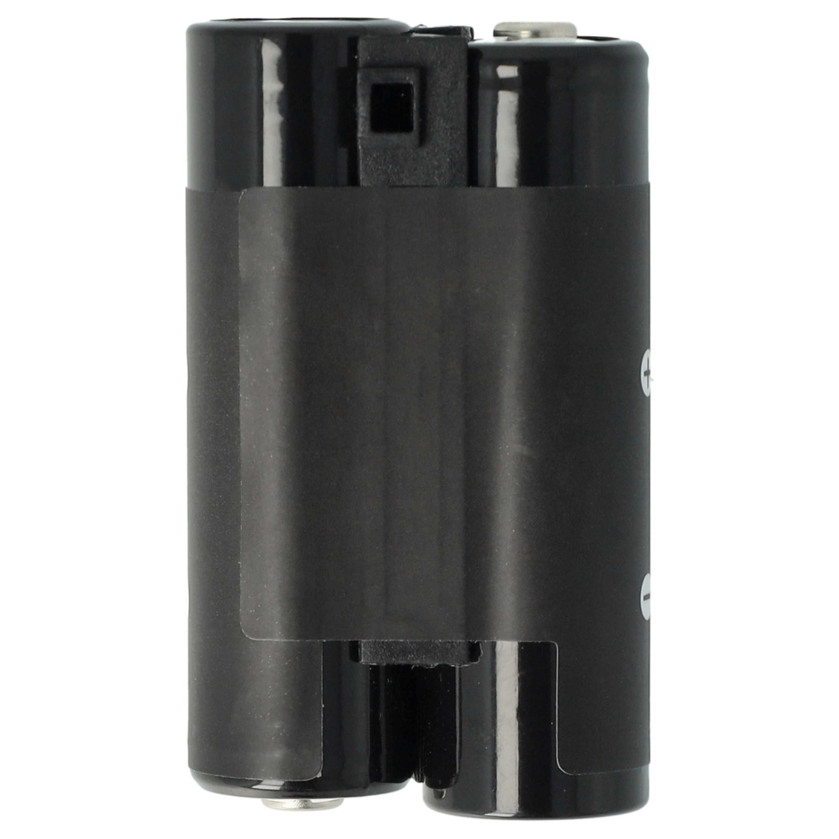 Ein schwarzes Batteriepack mit einem rechteckigen Abschnitt und zwei zylindrischen Zellen. Es hat ein Etikett und weiße Plus-/Minuszeichen.