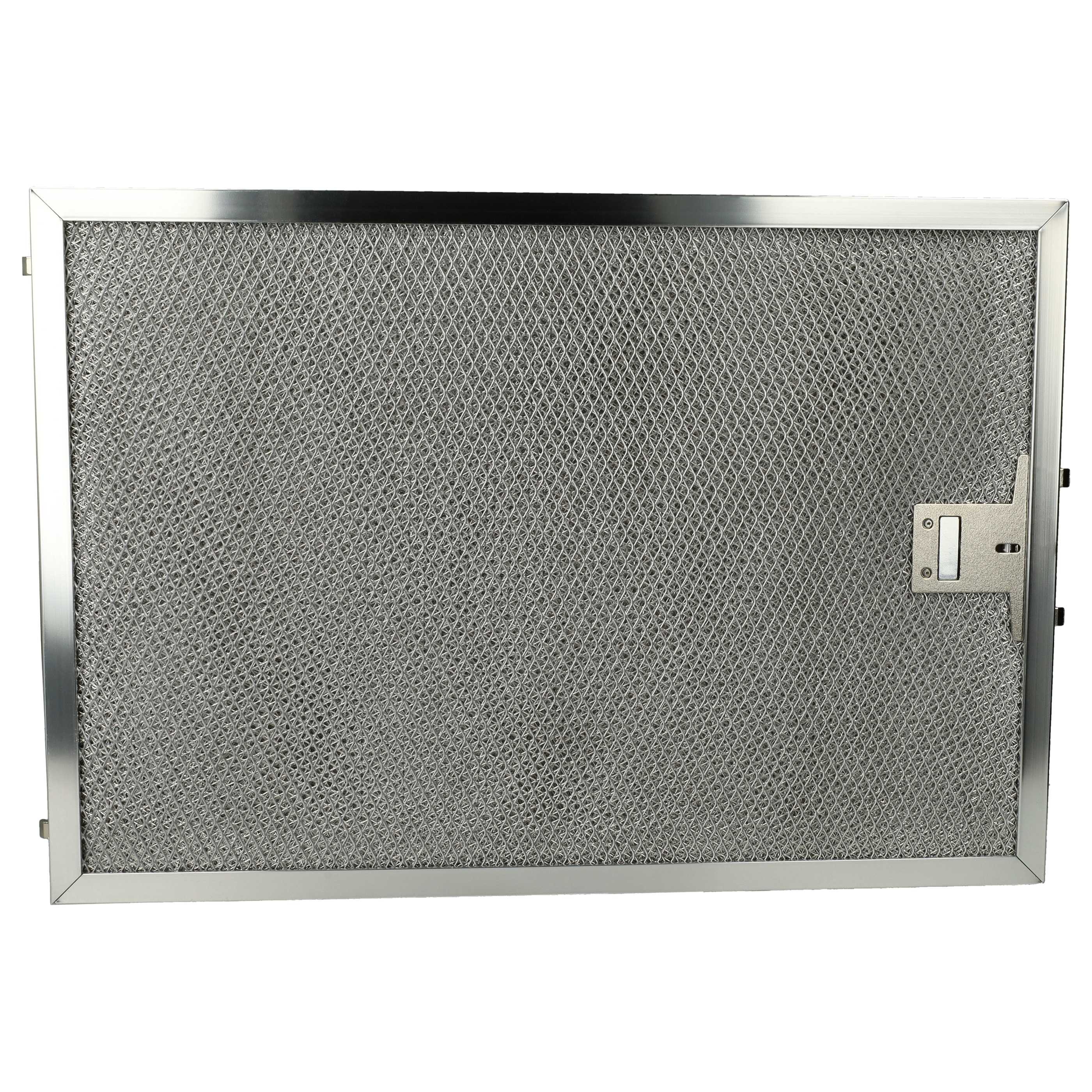 Ein rechteckiger Metall-Dunstabzugsfilter. Es hat ein Maschensieb in einem silbernen Rahmen.