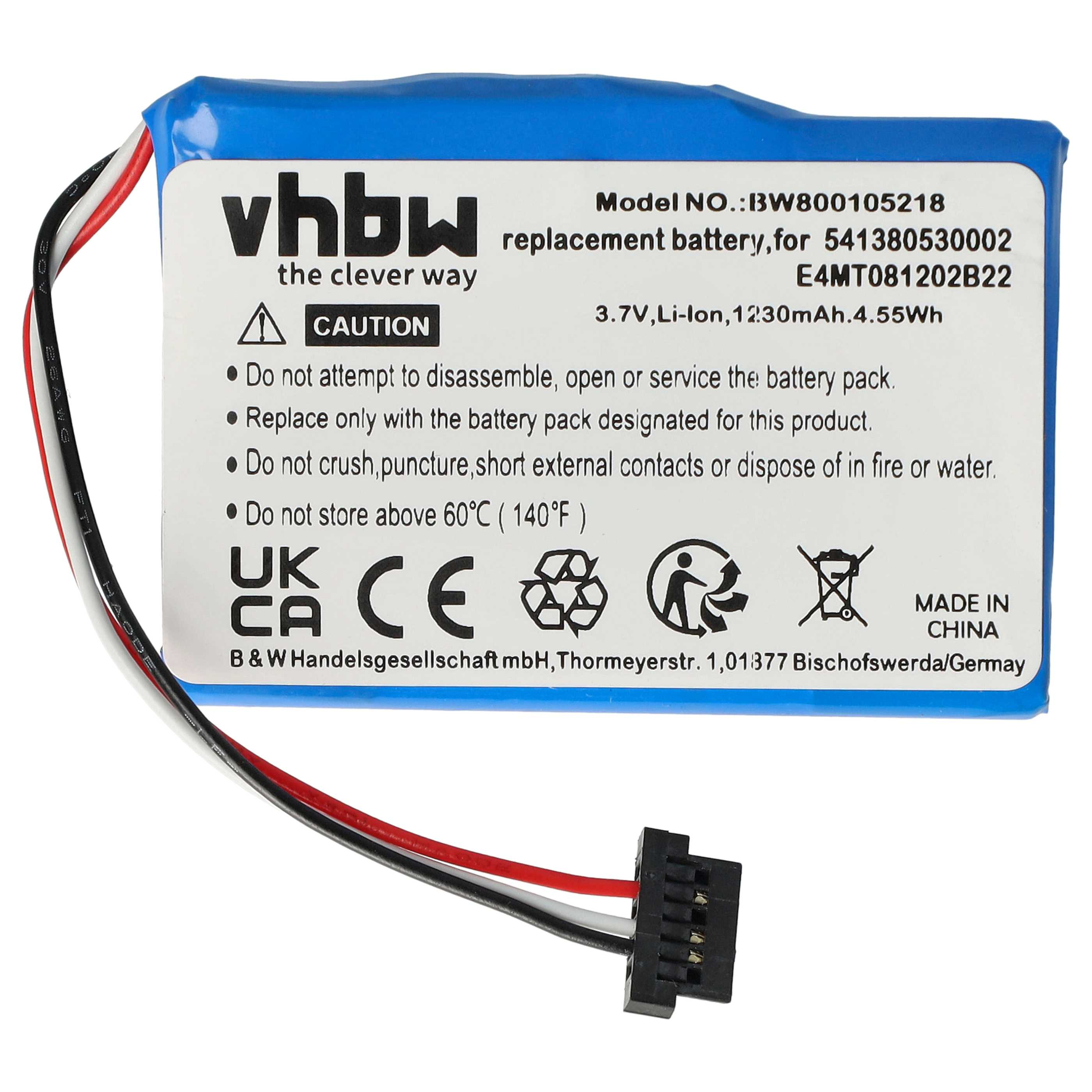 Ein rechteckiger blau-weißer Akku mit schwarzen, weißen und roten Drähten und einem Stecker. Text enthält 'vhbw' und Sicherheitshinweise.