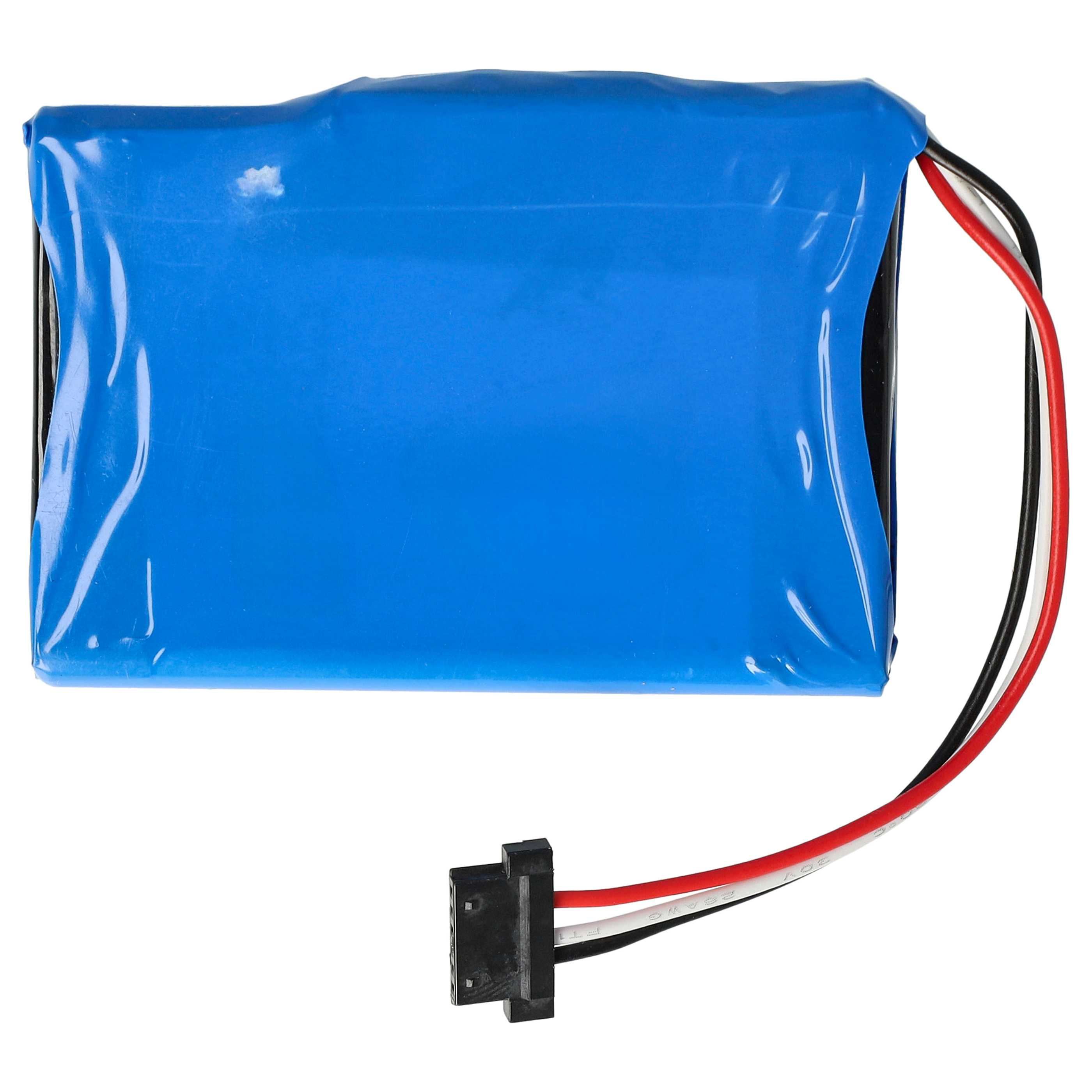 Ein blaues Akku-Pack mit roten, weißen und schwarzen Drähten, die an einen schwarzen Stecker angeschlossen sind.