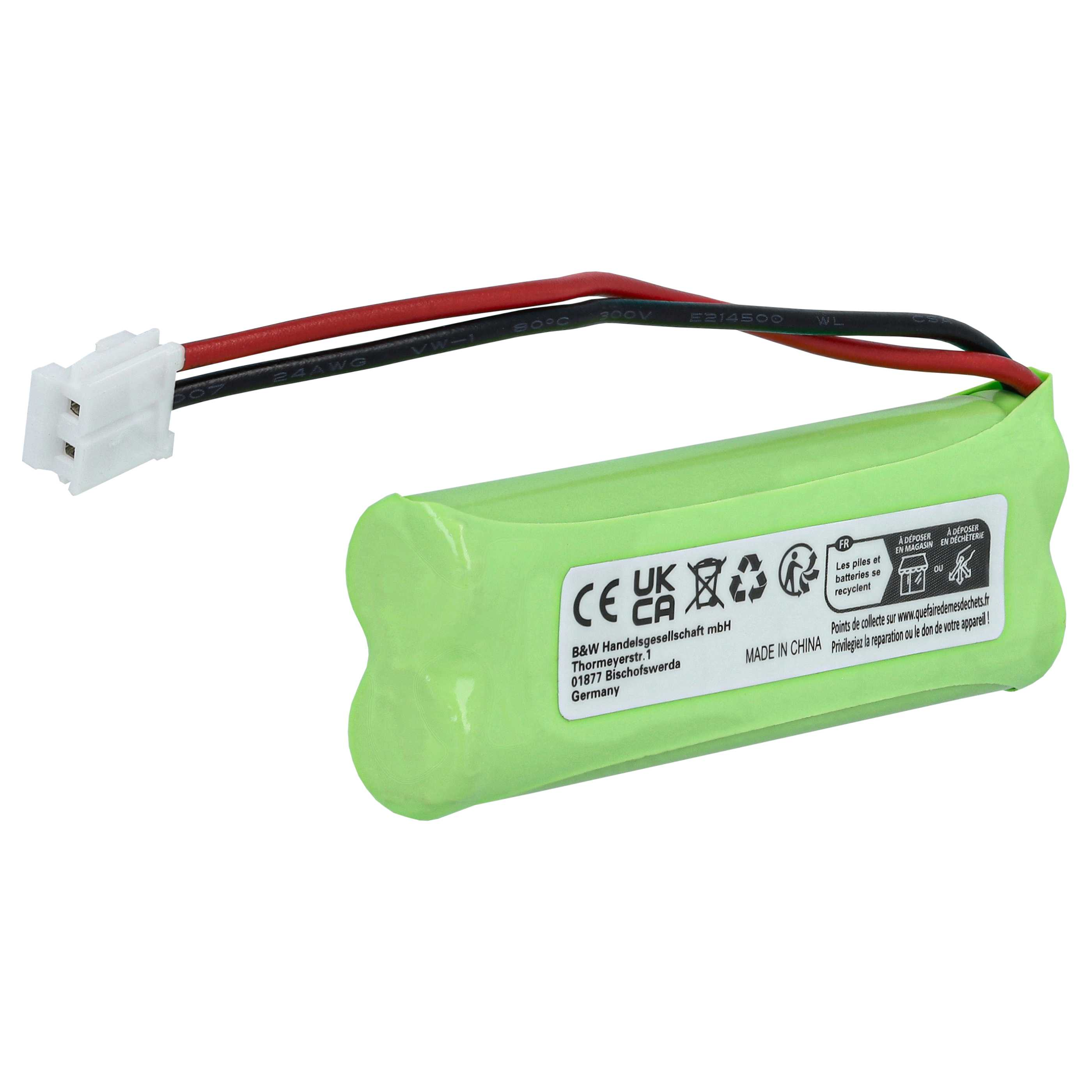 Eine grüne Batterie mit Drähten und einem weißen Stecker. Die Batterie hat Etiketten. Drähte sind rot und schwarz.