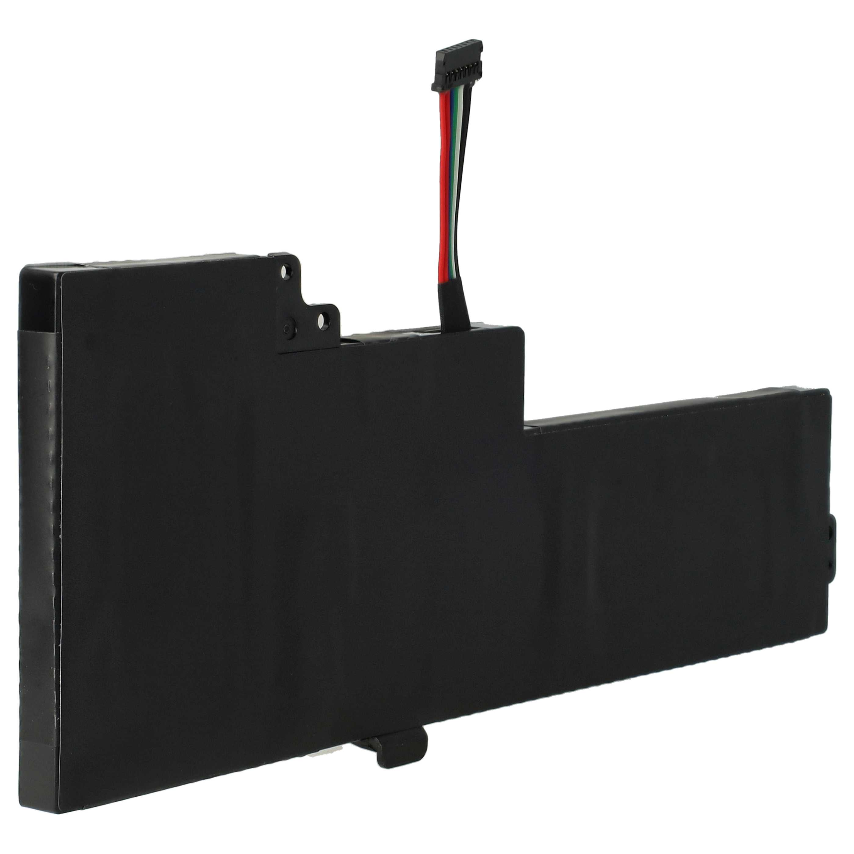 Ein schwarzer Laptop-Akku mit einem schwarzen Stecker und roten, grünen und weißen Drähten, die sich nach oben erstrecken.