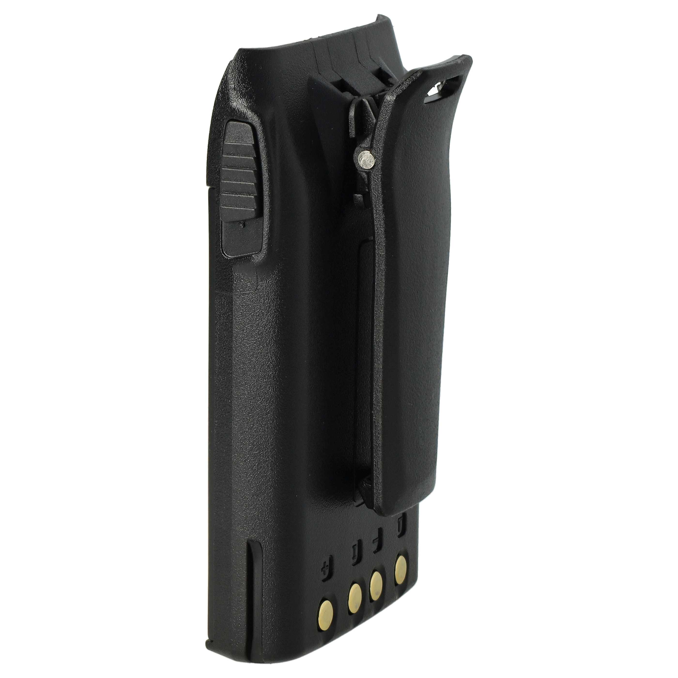 Ein schwarzes Akkupack mit Gürtelclip. Es hat vier goldfarbene Kontaktpunkte und einen Ein/Aus-Schalter.