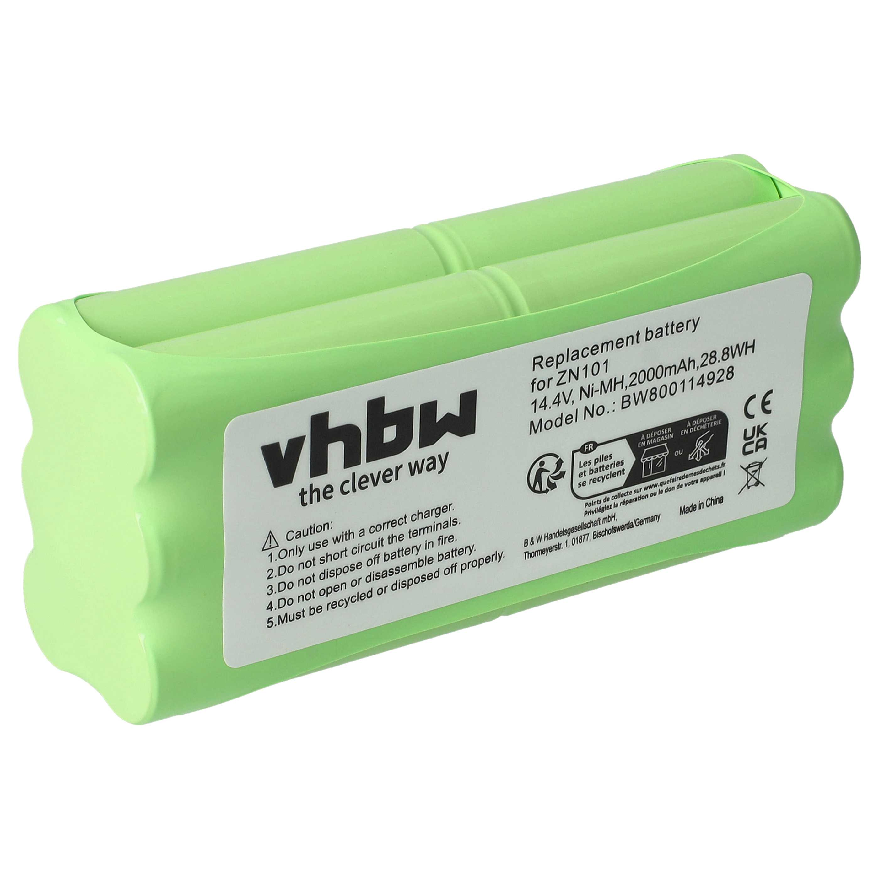 Grüner Ersatzakku, Marke vhbw, mit Text und Warnhinweisen. Es ist ein 14,4V Ni-MH 2000mAh Akku.