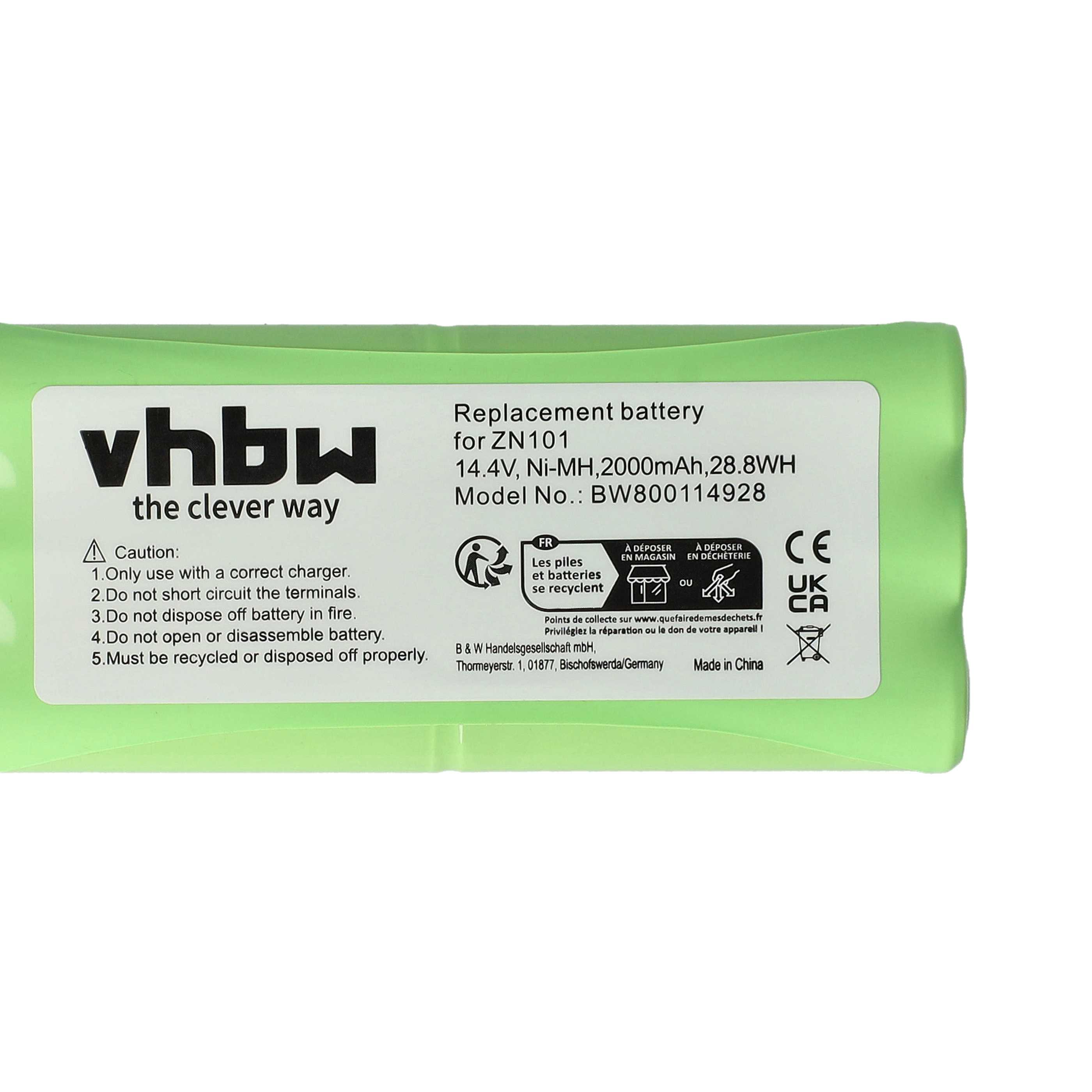 Grüner Akku mit weißem Etikett. Text: vhbw, Ersatzbatterie für ZN101, Vorsichtsmaßnahmen und Recycling-Symbole.