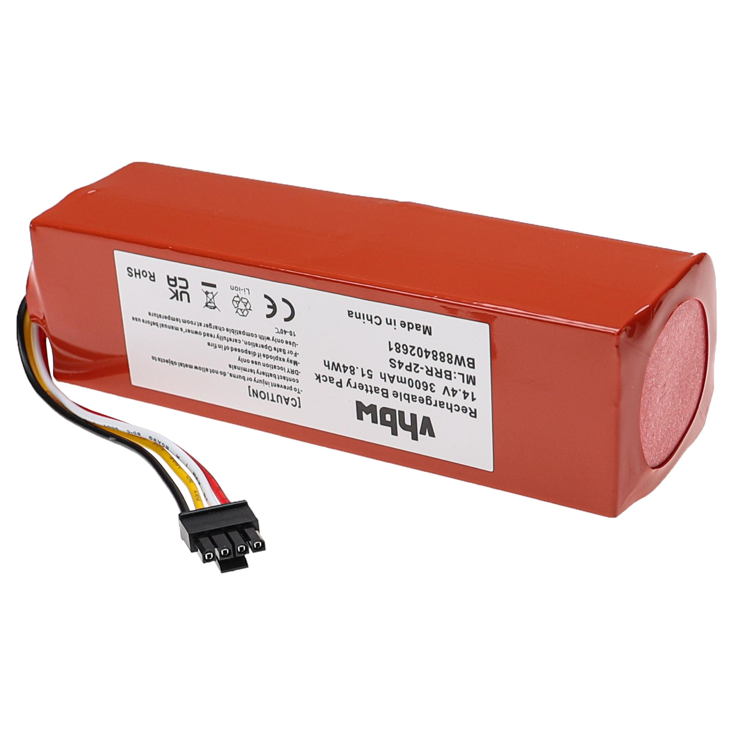 Ein rotes rechteckiges Akkupack mit Stecker, Etiketten und Drähten. Enthält technische Details und Sicherheitshinweise.