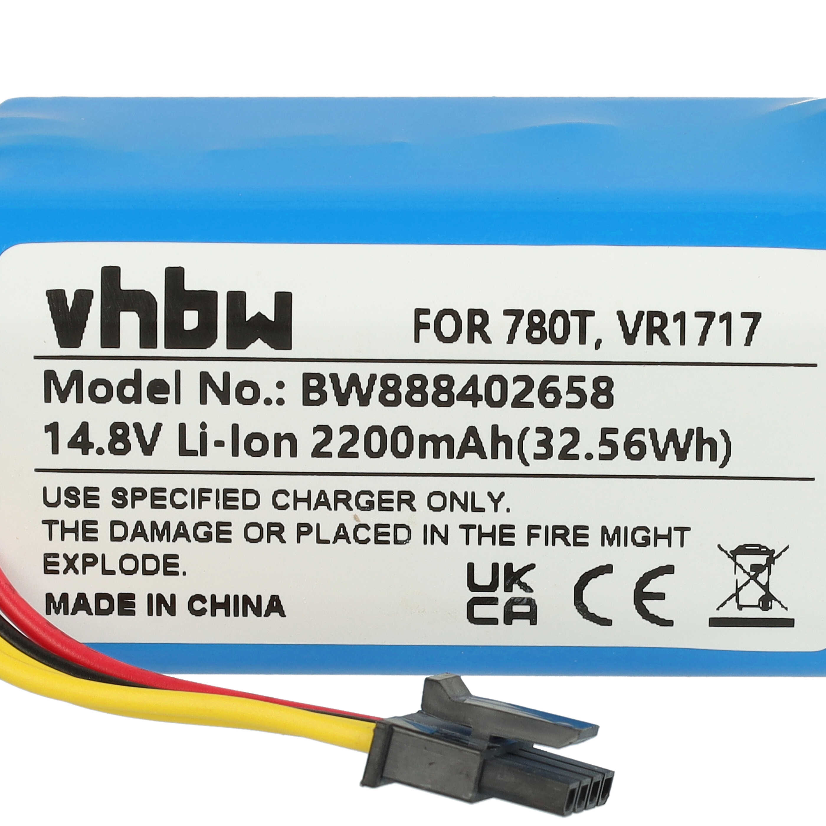 Ein blauer Akku mit weißem Etikett. Unten Kabel mit Stecker. Der Text enthält Modell- und Spannungsangaben.