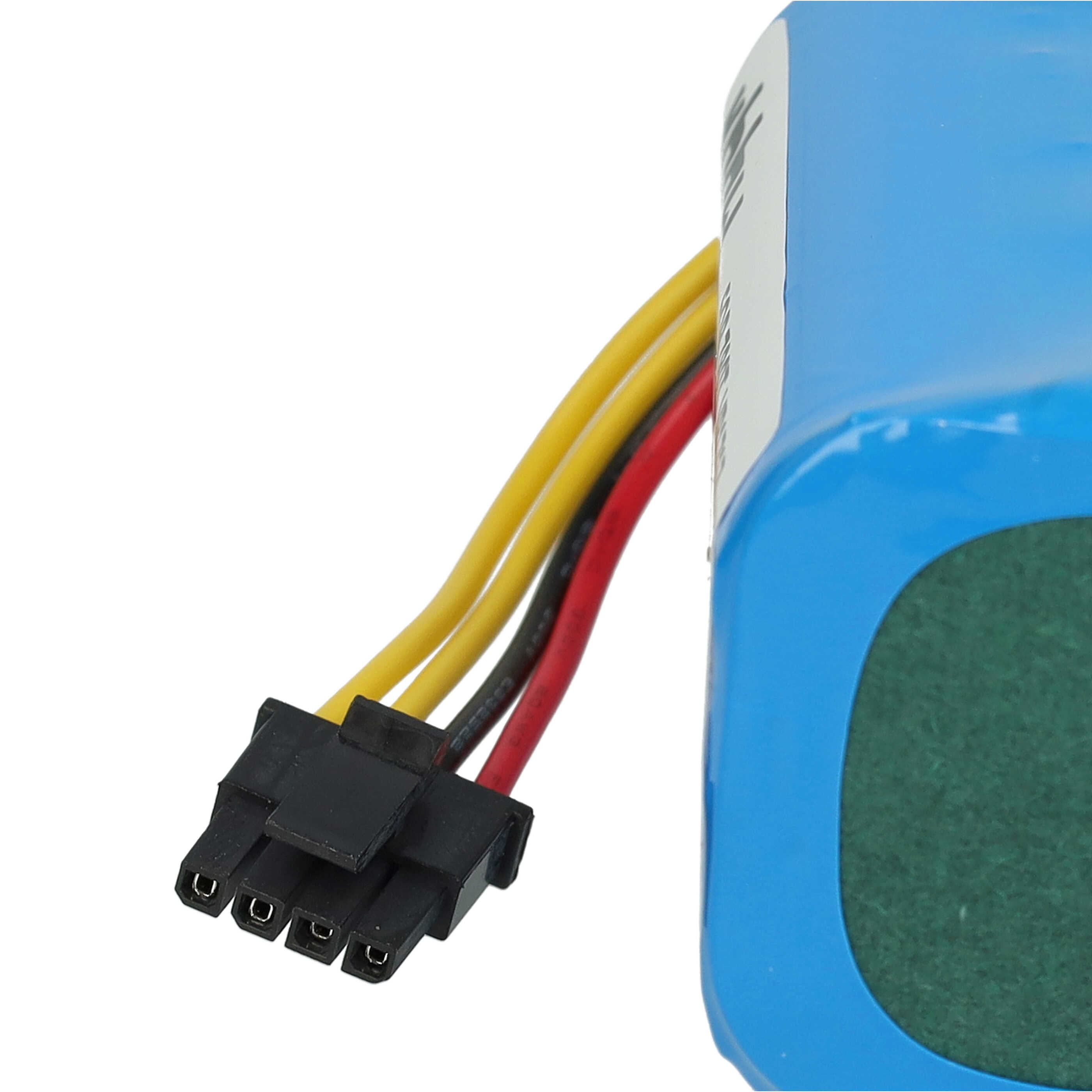 Ein blauer Akku mit einem schwarzen Stecker und gelben, schwarzen und roten Kabeln, die sich davon erstrecken.