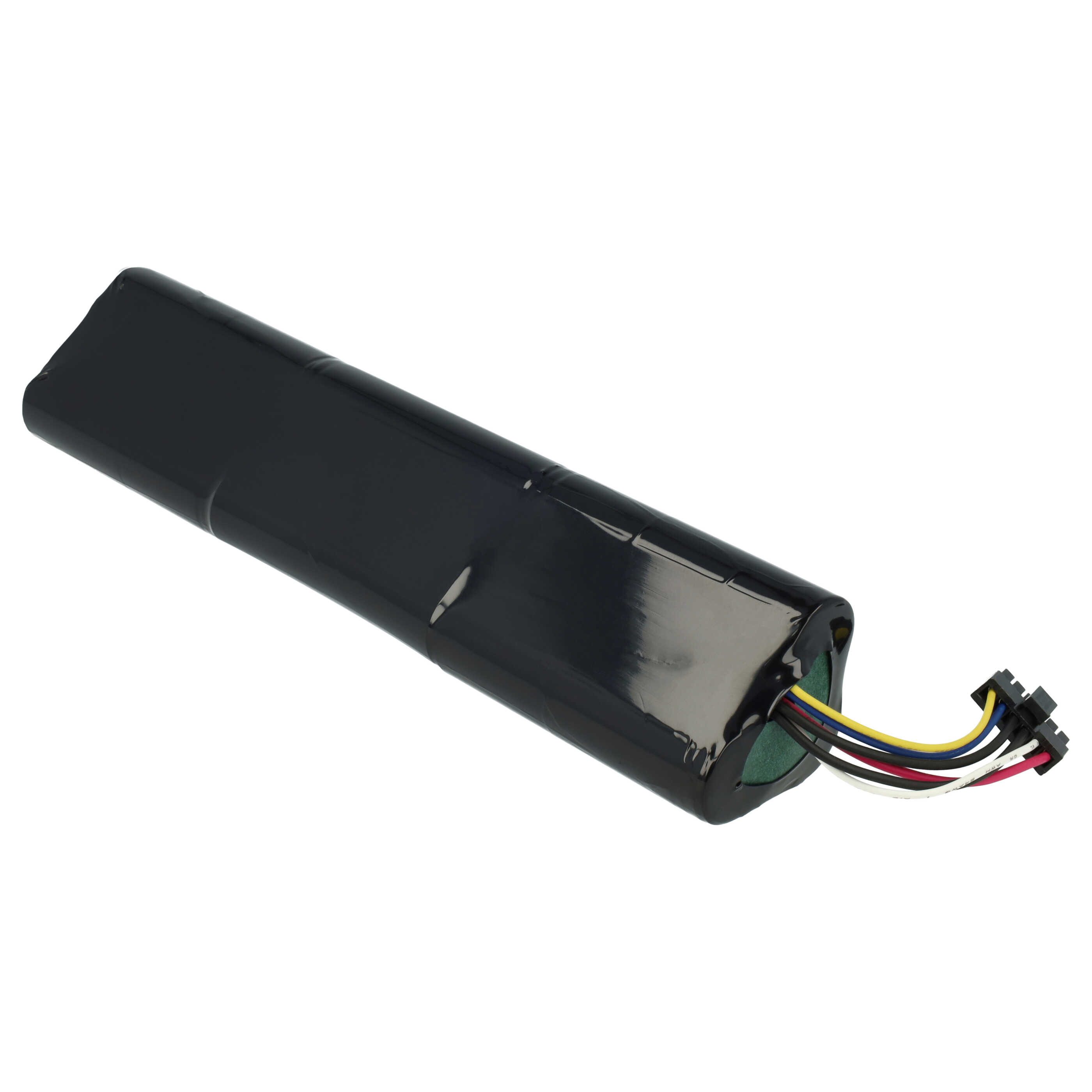Ein schwarzes, rechteckiges Batteriepack mit farbigen Drähten und Steckern, die sich von einem Ende aus erstrecken, vor weißem Hintergrund.