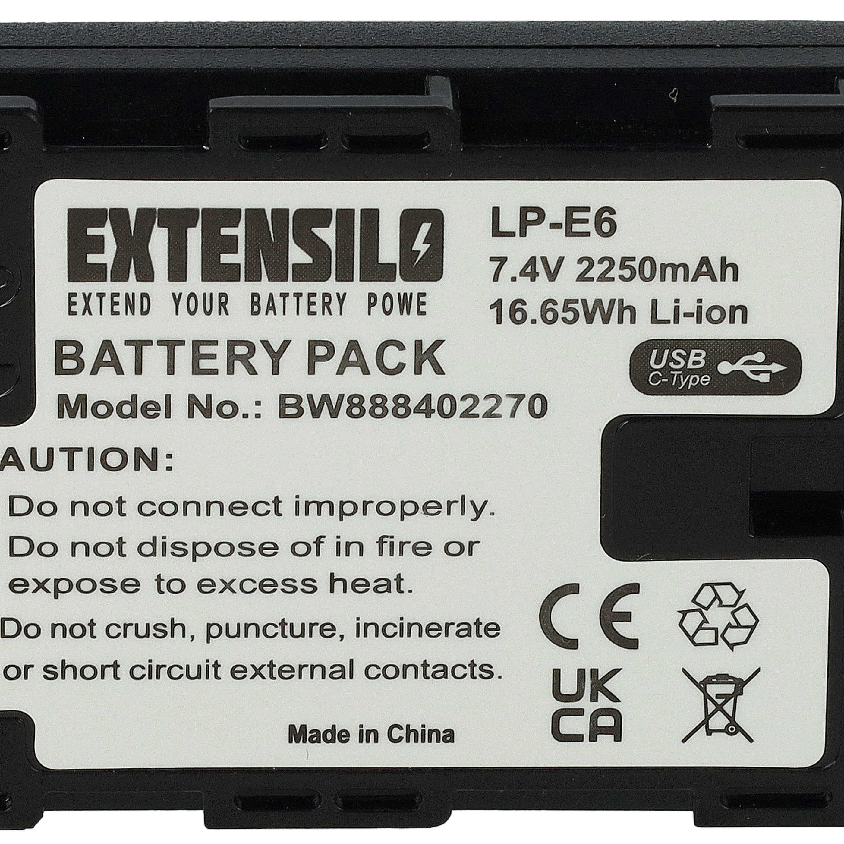 Ein schwarz-weißes Akku-Pack-Etikett mit Text wie 'EXTENSILO', 'BATTERY PACK', '7.4V' und Sicherheitshinweisen.