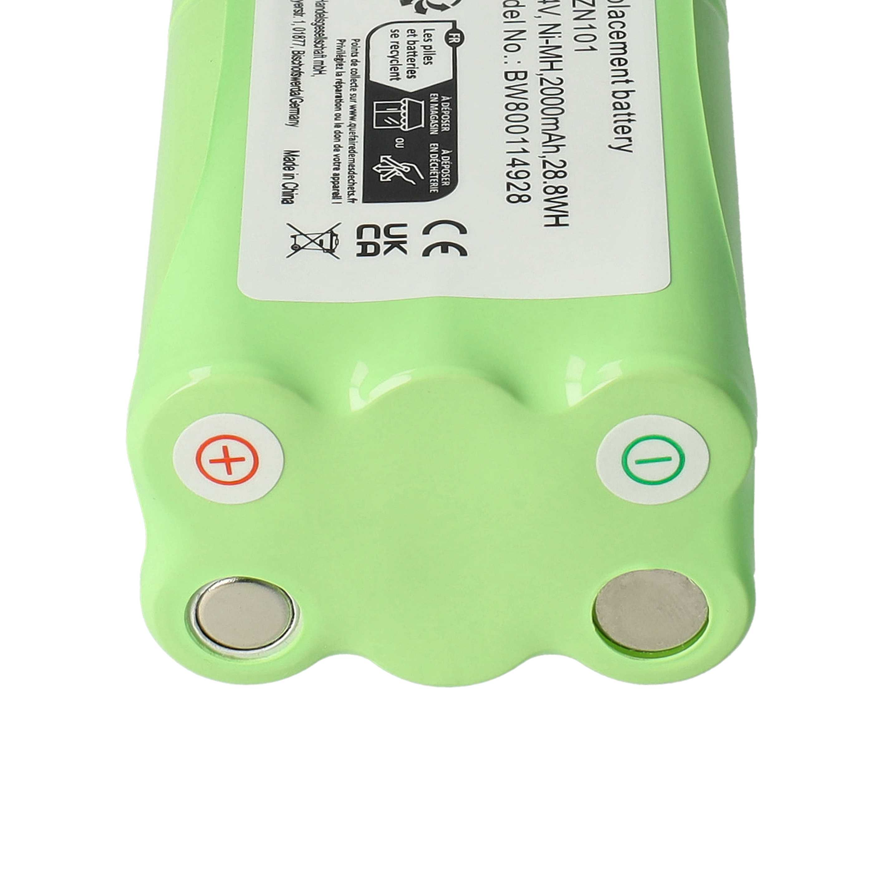 Eine grüne Batterie mit Plus- und Minussymbolen und Text. Der Hintergrund ist weiß.