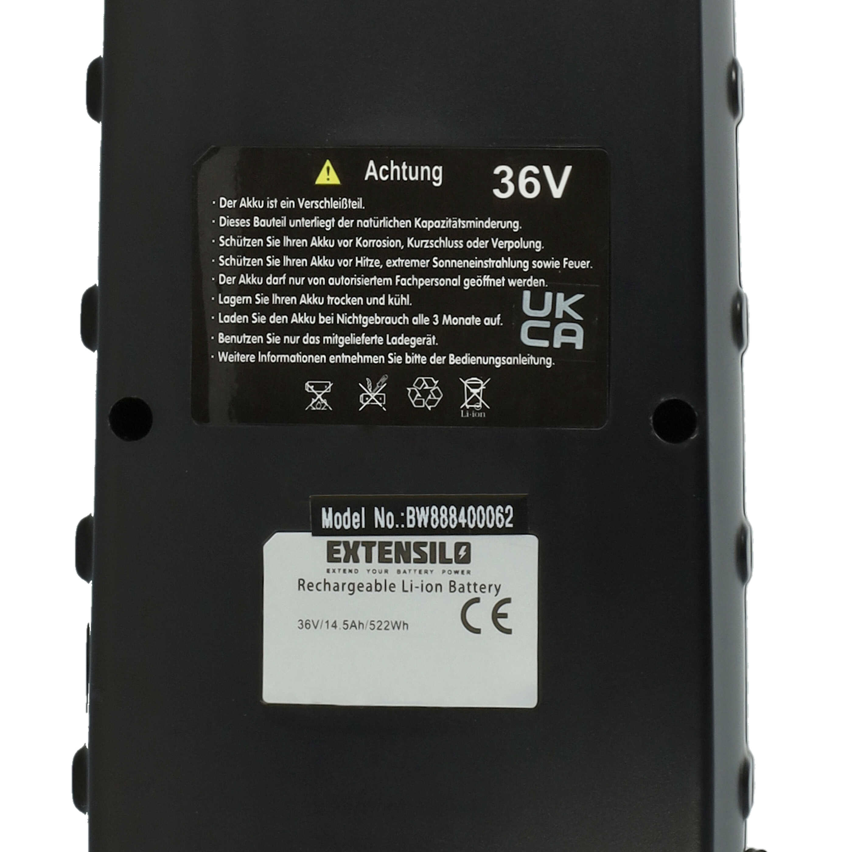 Schwarzes Batteriepack mit Warnhinweis. Text auf Deutsch, Angabe 36V und weitere Sicherheitshinweise.