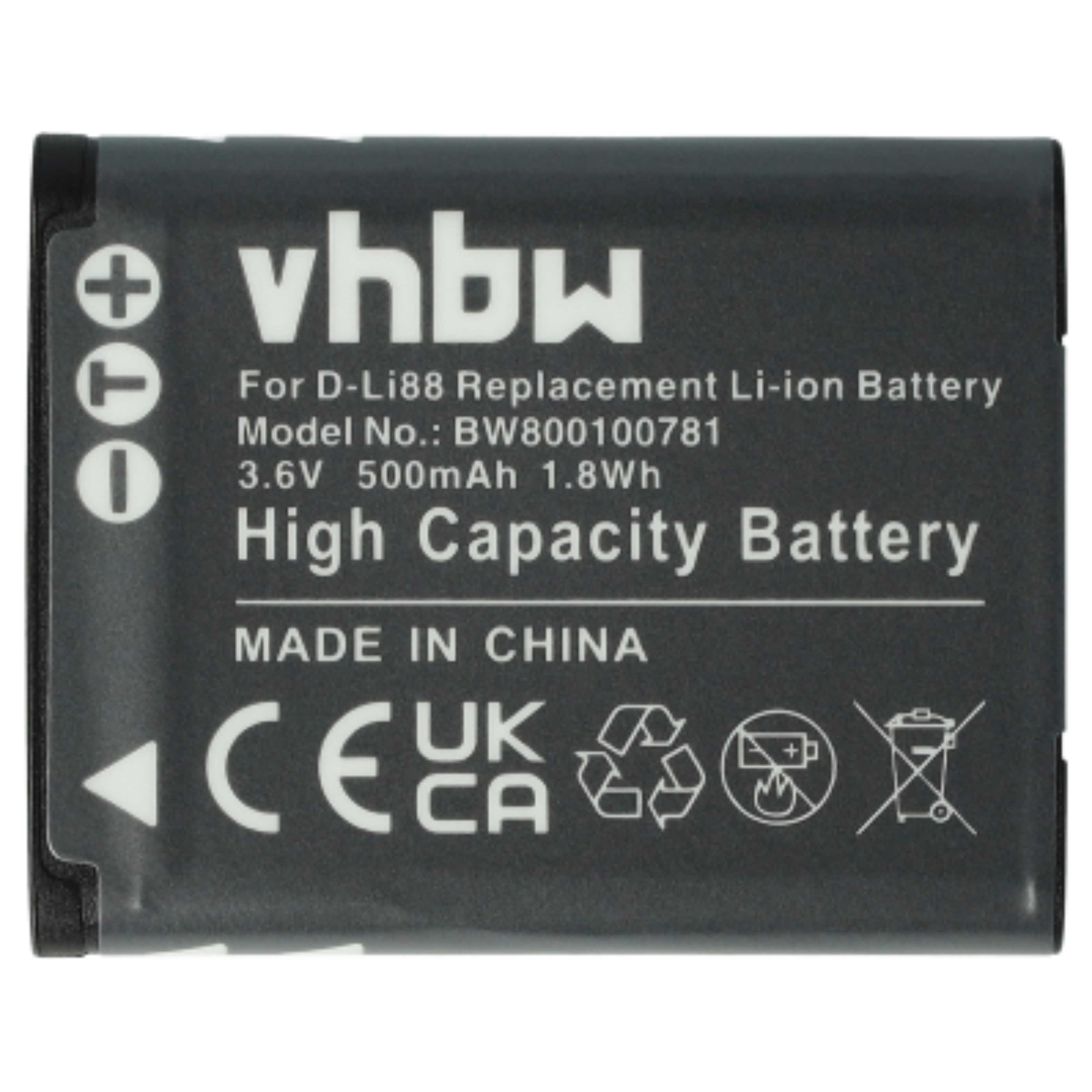 Schwarzer Akku mit weißem Text: vhbw, Produktinfo, Spannung und Symbole. Text lautet: Made in China.