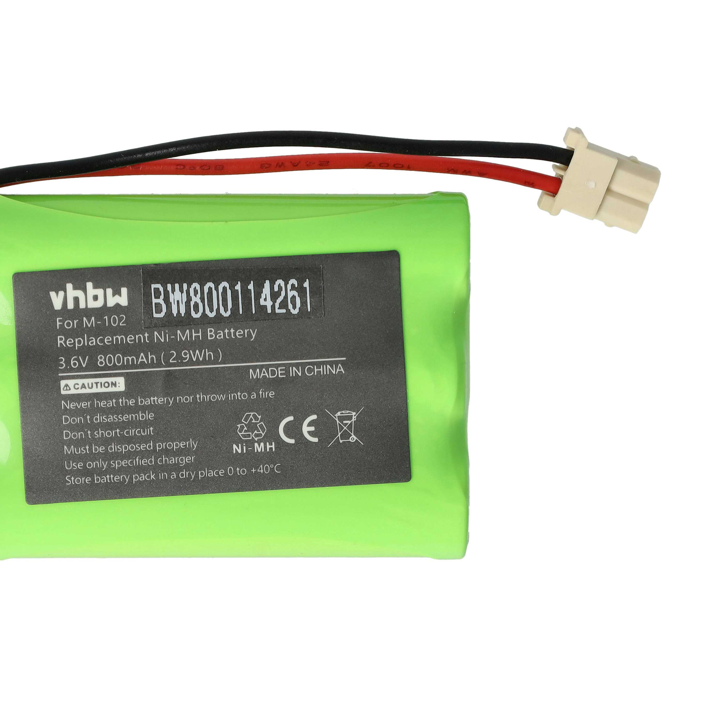 Grüner Akku mit schwarzem Text, weißem Stecker und Drähten. Der Text enthält "Replacement Ni-MH Battery" und Sicherheitshinweise.