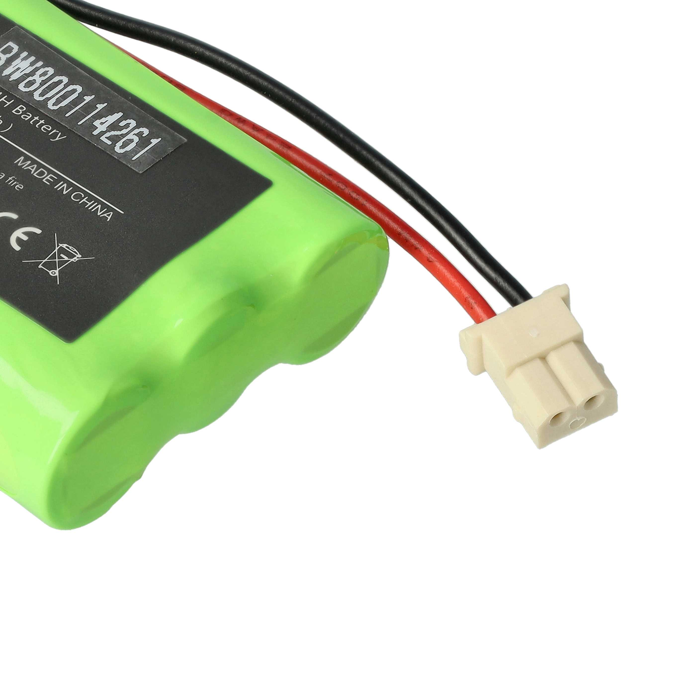 Eine grüne Batterie mit schwarzen und roten Drähten und einem weißen Stecker. Aufschrift: 'BW800114261'.