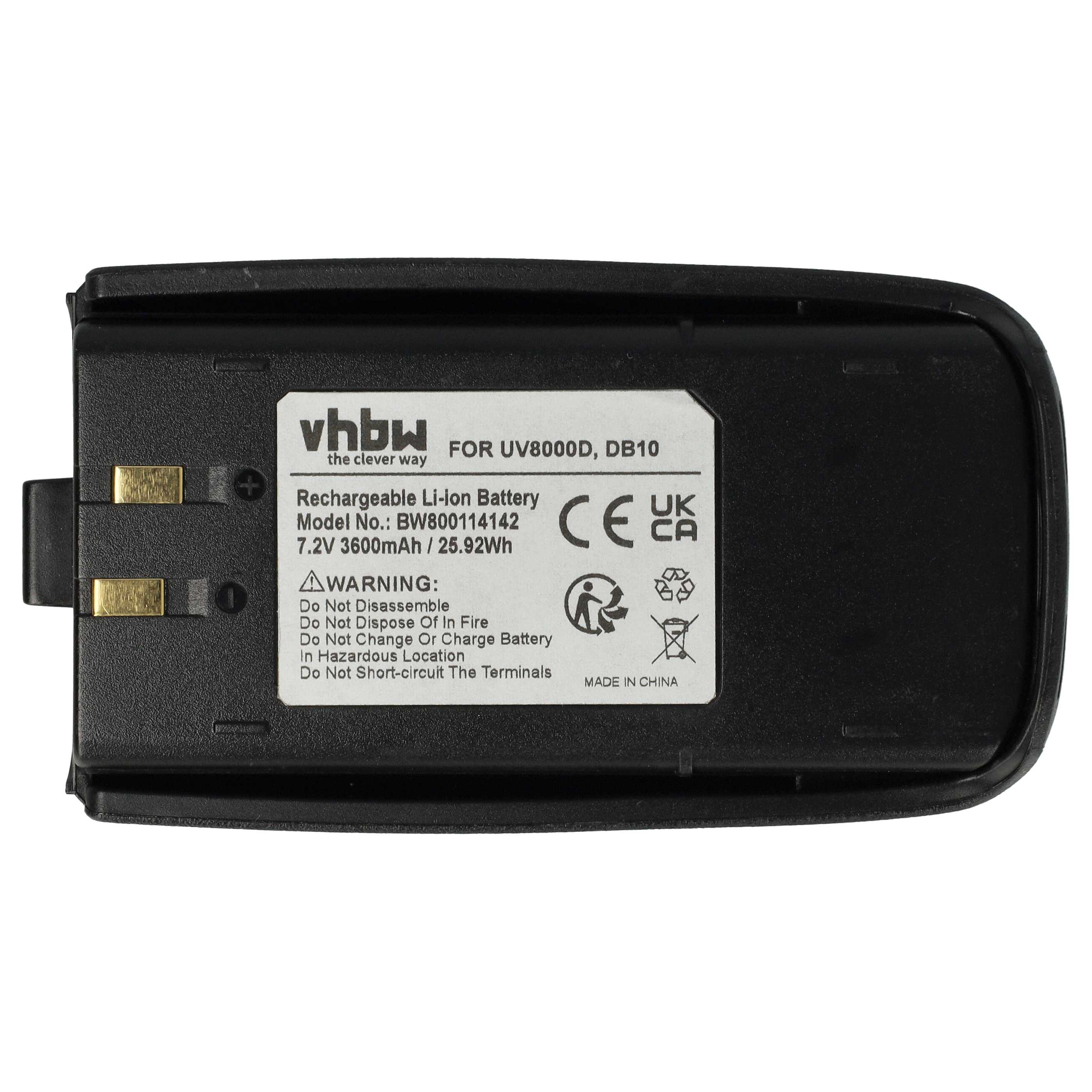 Ein schwarzer Akku mit weißen Etiketten. Text enthält 'vhbw', 'UV8000D' und Warnhinweise. Enthält CE- und UKCA-Symbole.