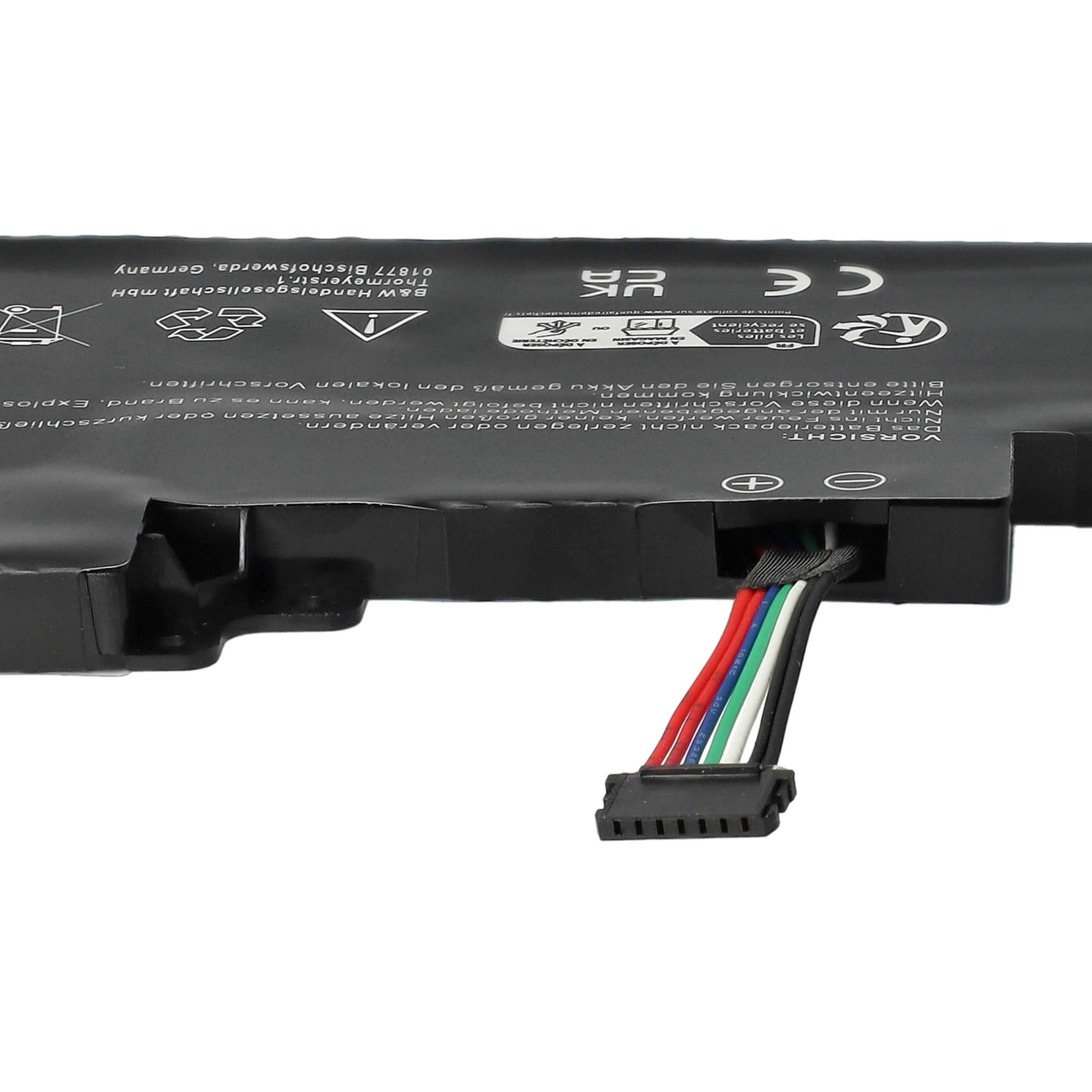 Ein schwarzes Batteriepack mit farbigen Drähten und einem Stecker. Warnhinweise und Symbole sind auf der Batterie sichtbar.