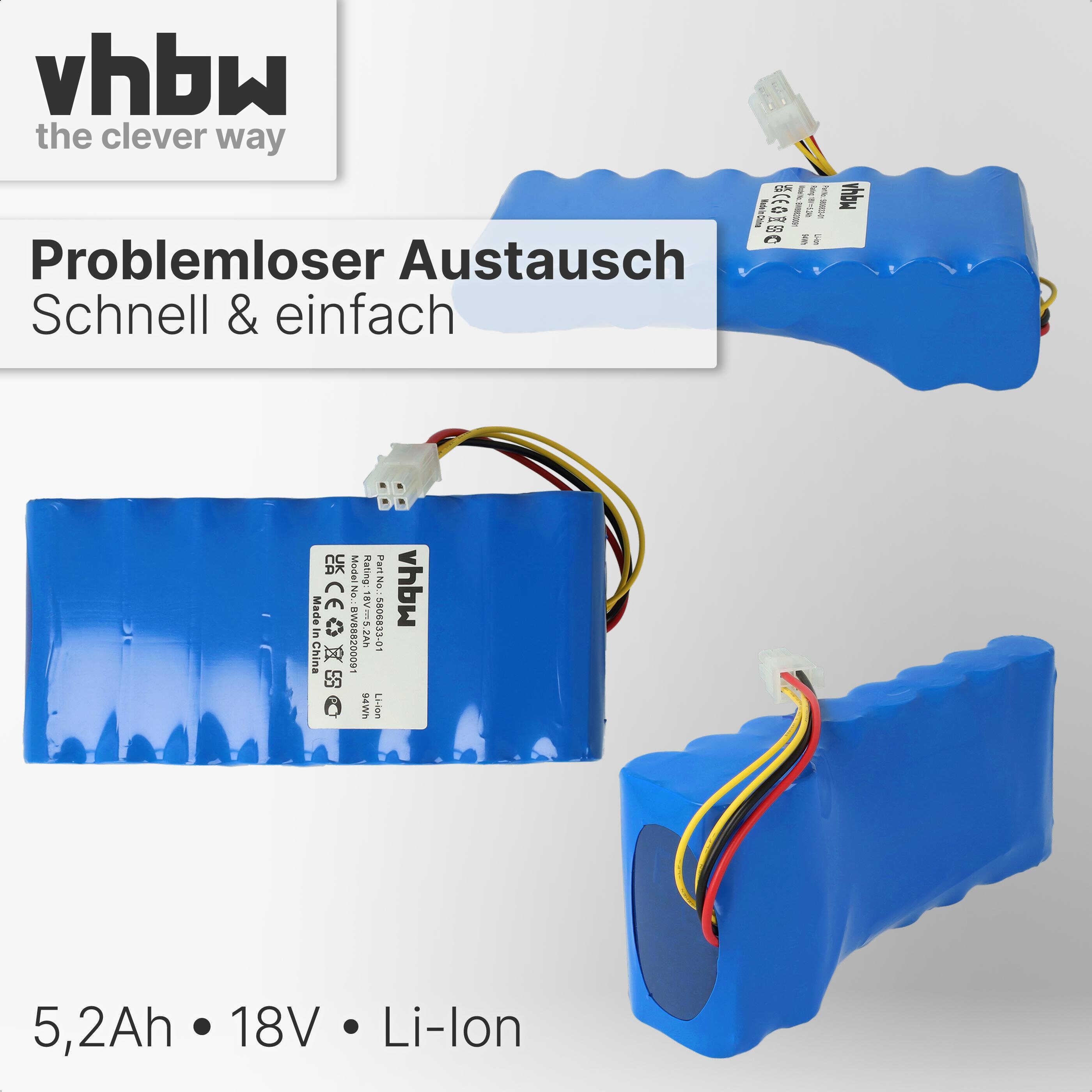 Das Bild zeigt drei blaue Batterien mit Anschlussdrähten. Der Text enthält 'vhbw', '5,2Ah 18V Li-ion' und 'Problemloser Austausch'.