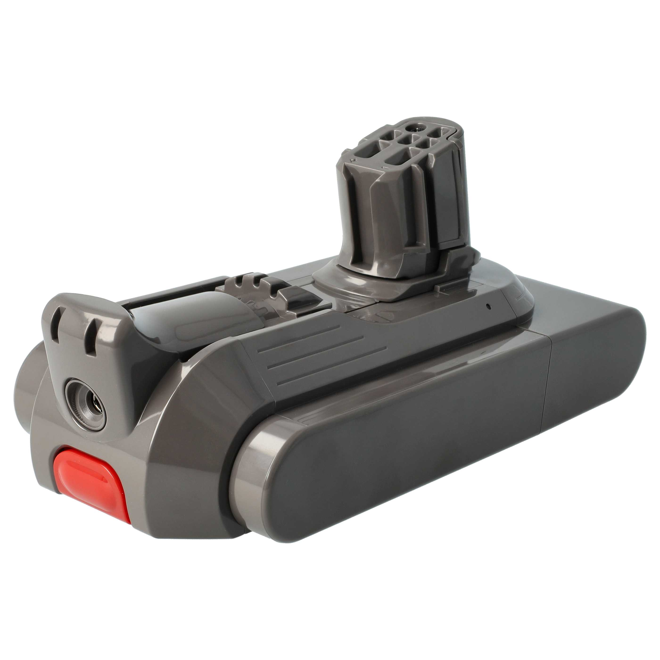 Grauer Dyson-Staubsauger-Akkupack. Er hat eine rote Taste und einen hohen grauen Stecker.