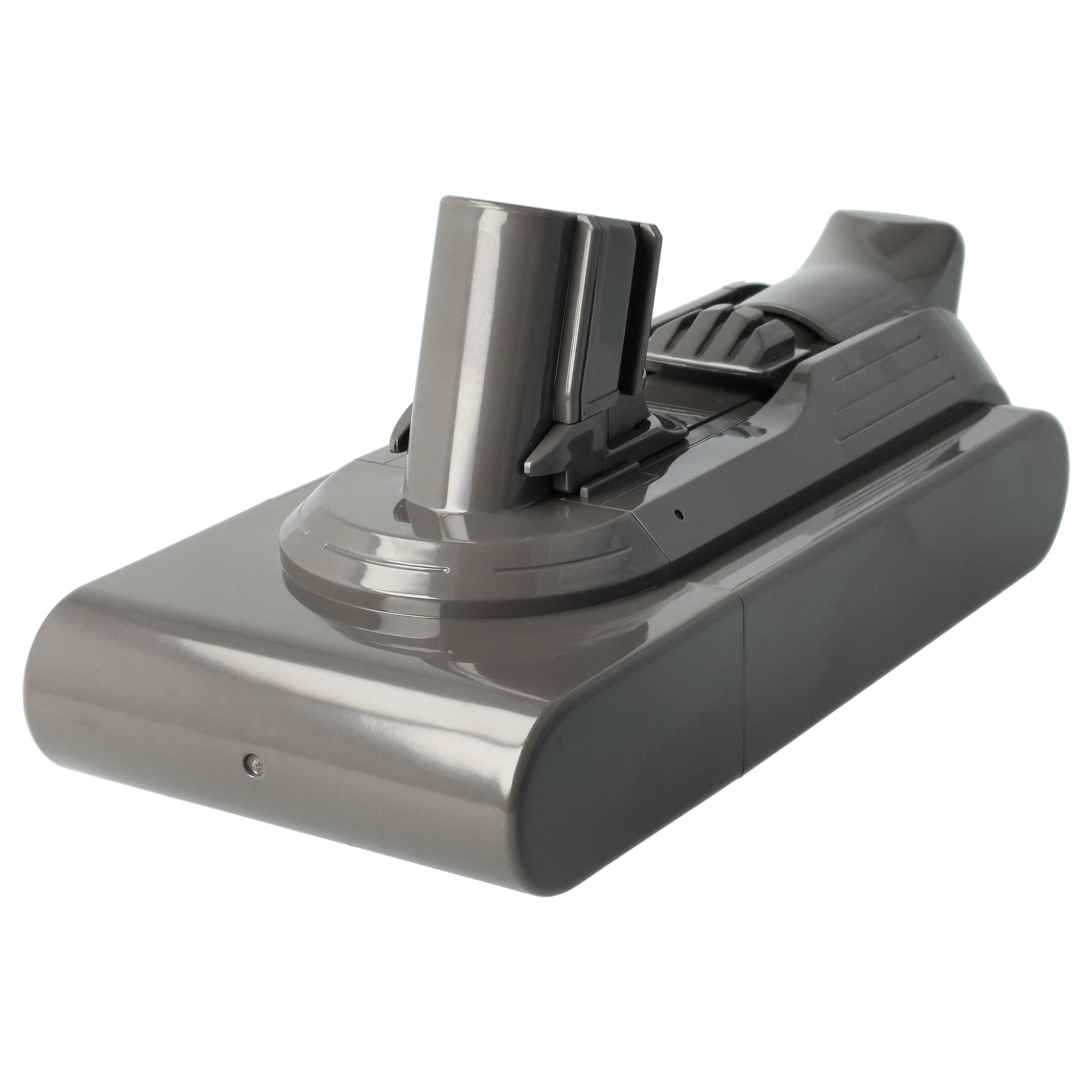 Ein graues Dyson-Staubsauger-Akkupack mit rechteckiger Basis und zylindrischem Oberteil auf weißem Hintergrund.