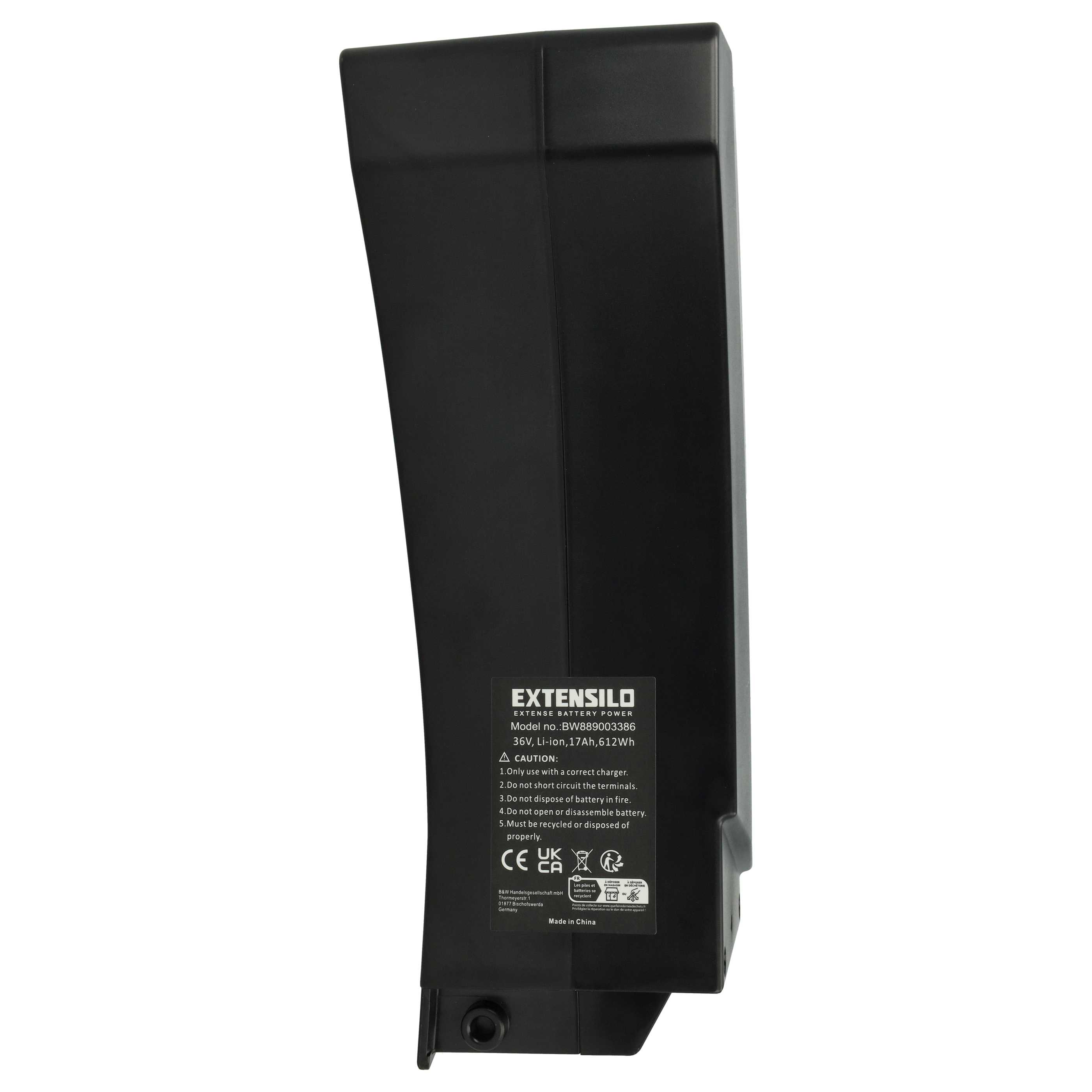 Schwarzes Batteriepack mit weißem Text. Text enthält: Extensilo, Vorsicht, 36V, Li-Ion, Made in China und Recyclingsymbole.