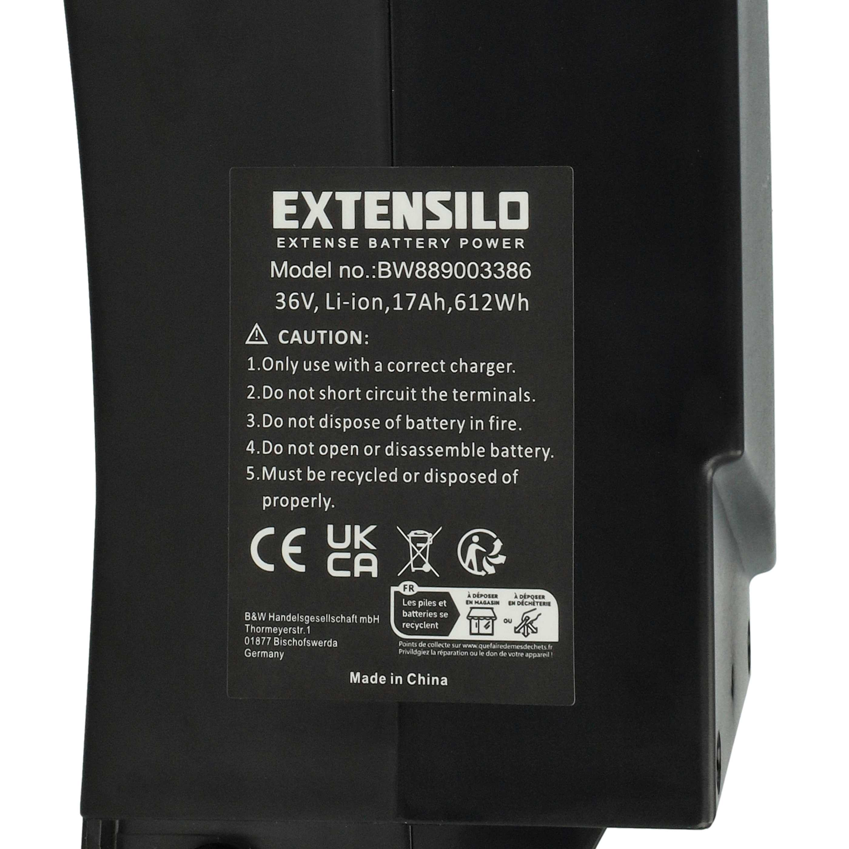 Ein schwarzes Batteriepack mit weißem Text und Symbolen, darunter ein Recycling-Symbol und ein Warndreieck.