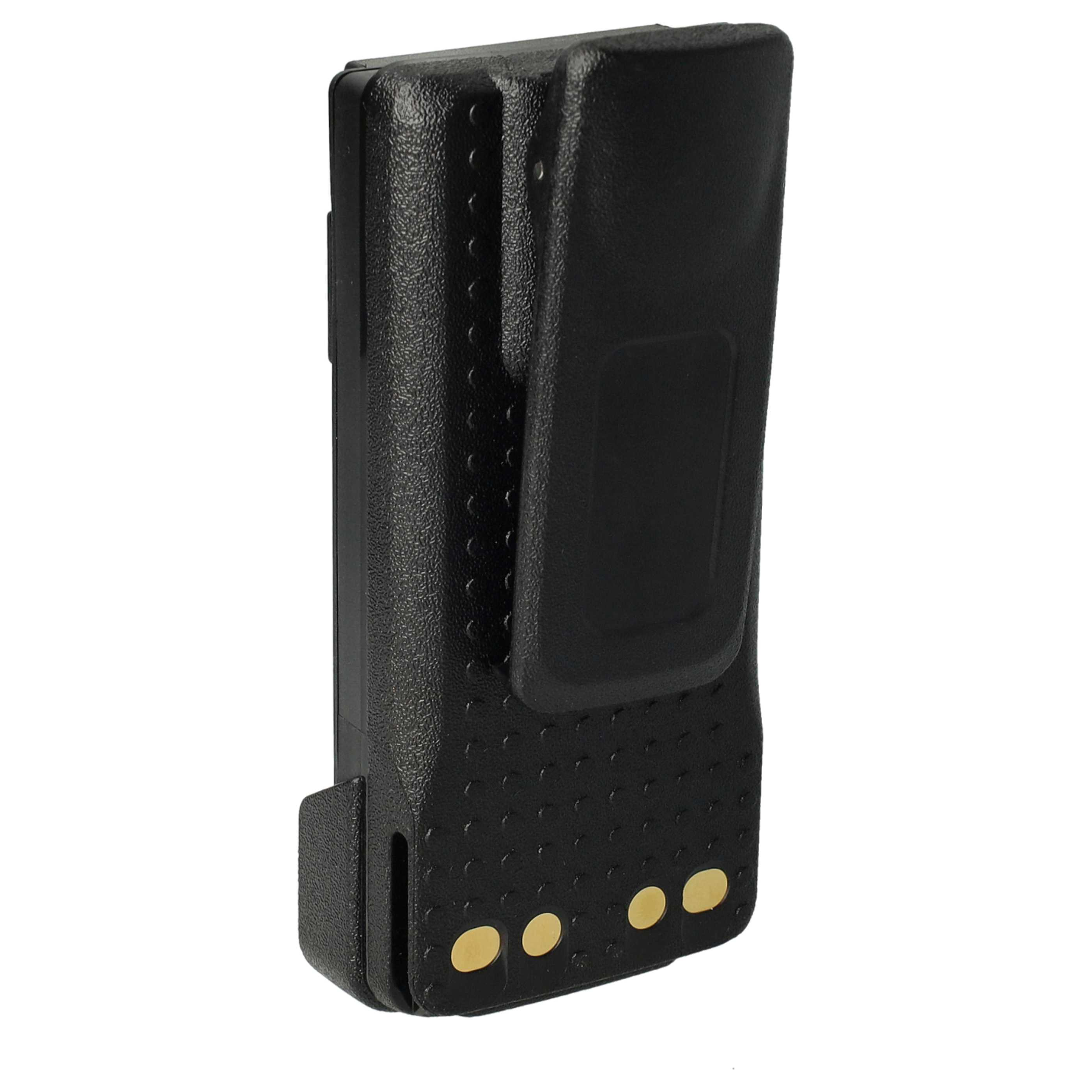 Ein schwarzer, rechteckiger Akkupack mit goldenen Kontakten und einem Gürtelclip.